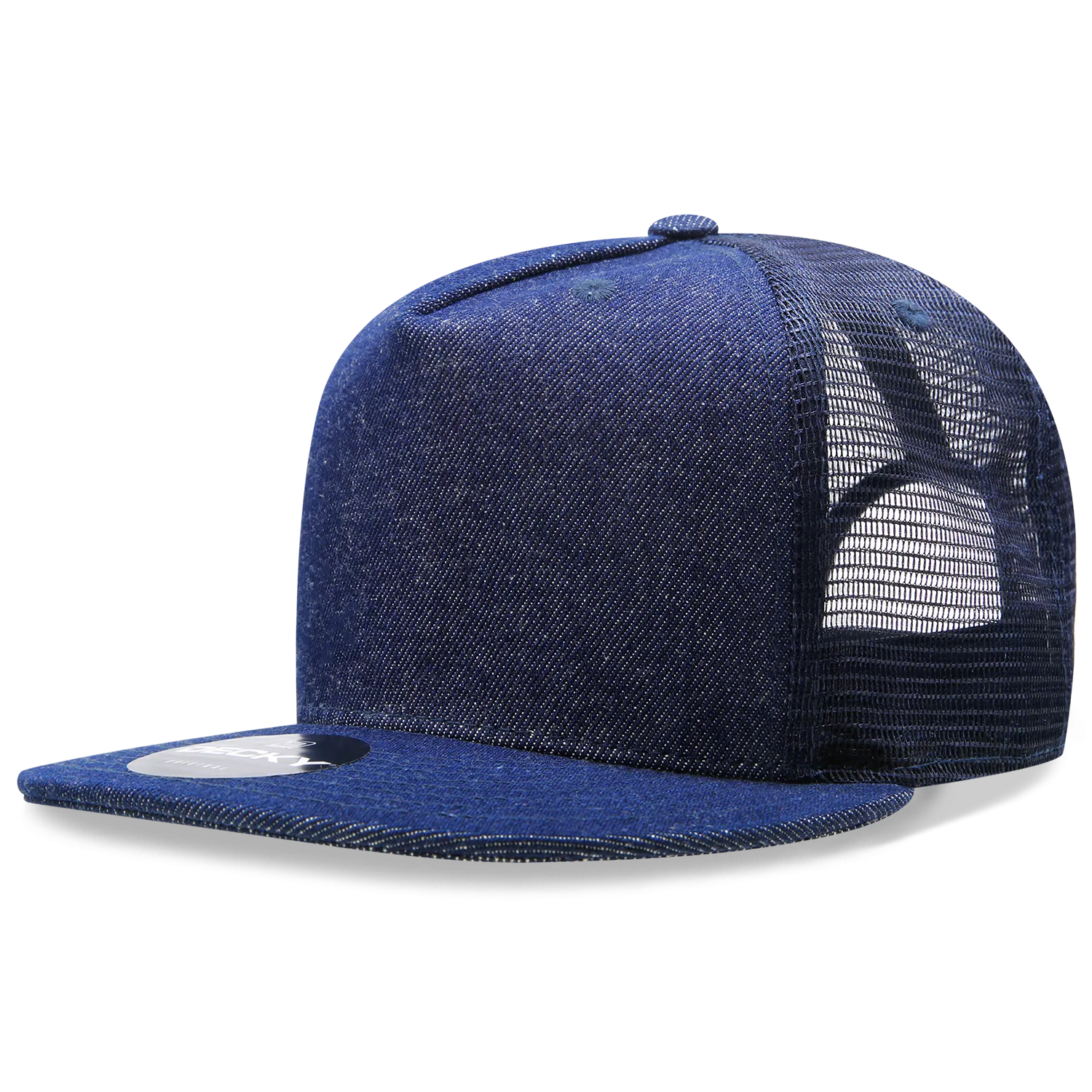 Decky 1082 5 Panel Denim Trucker Hat, Flat Bill Mesh Back Cap - CASE Pricing