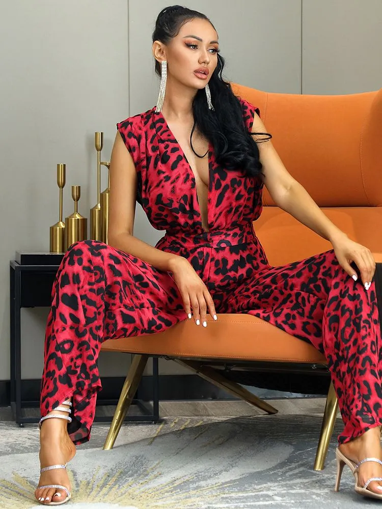 Deep V-Neck High Waist Leopard Print Chiffon Jumpsuit