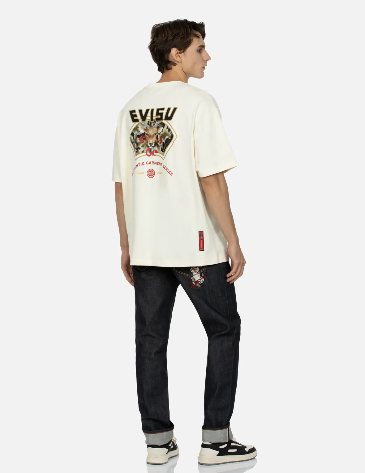 Deer and Seagull Embroidery Slim Fit Selvedge Denim Jeans #2010