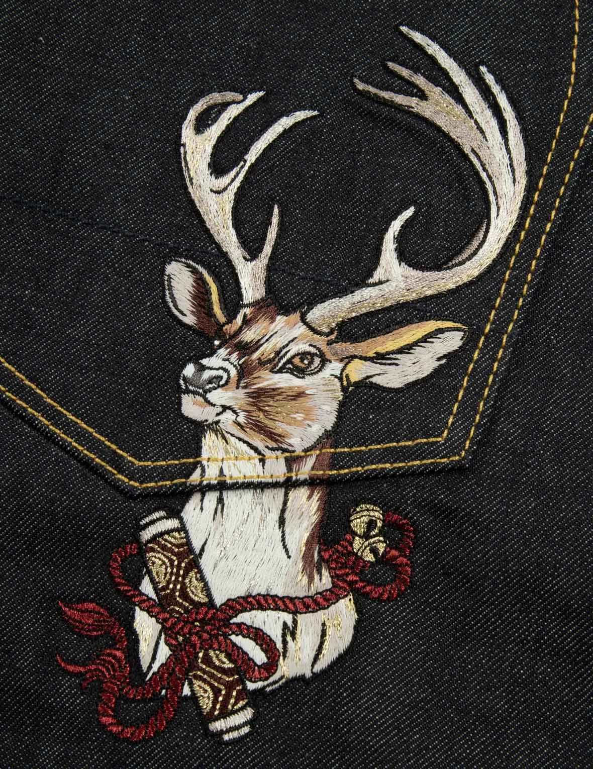 Deer and Seagull Embroidery Slim Fit Selvedge Denim Jeans #2010