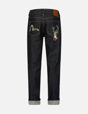 Deer and Seagull Embroidery Slim Fit Selvedge Denim Jeans #2010
