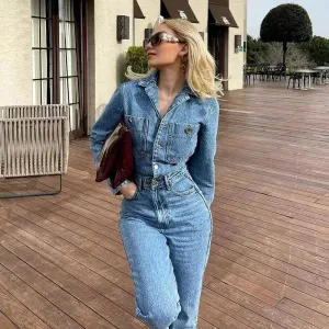 Denim Jumpsuit: Long Sleeve Elegant Women's Jean Overalls