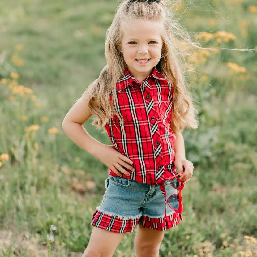 Denim Shorts w/ Plaid Riffle Kid (6-7)