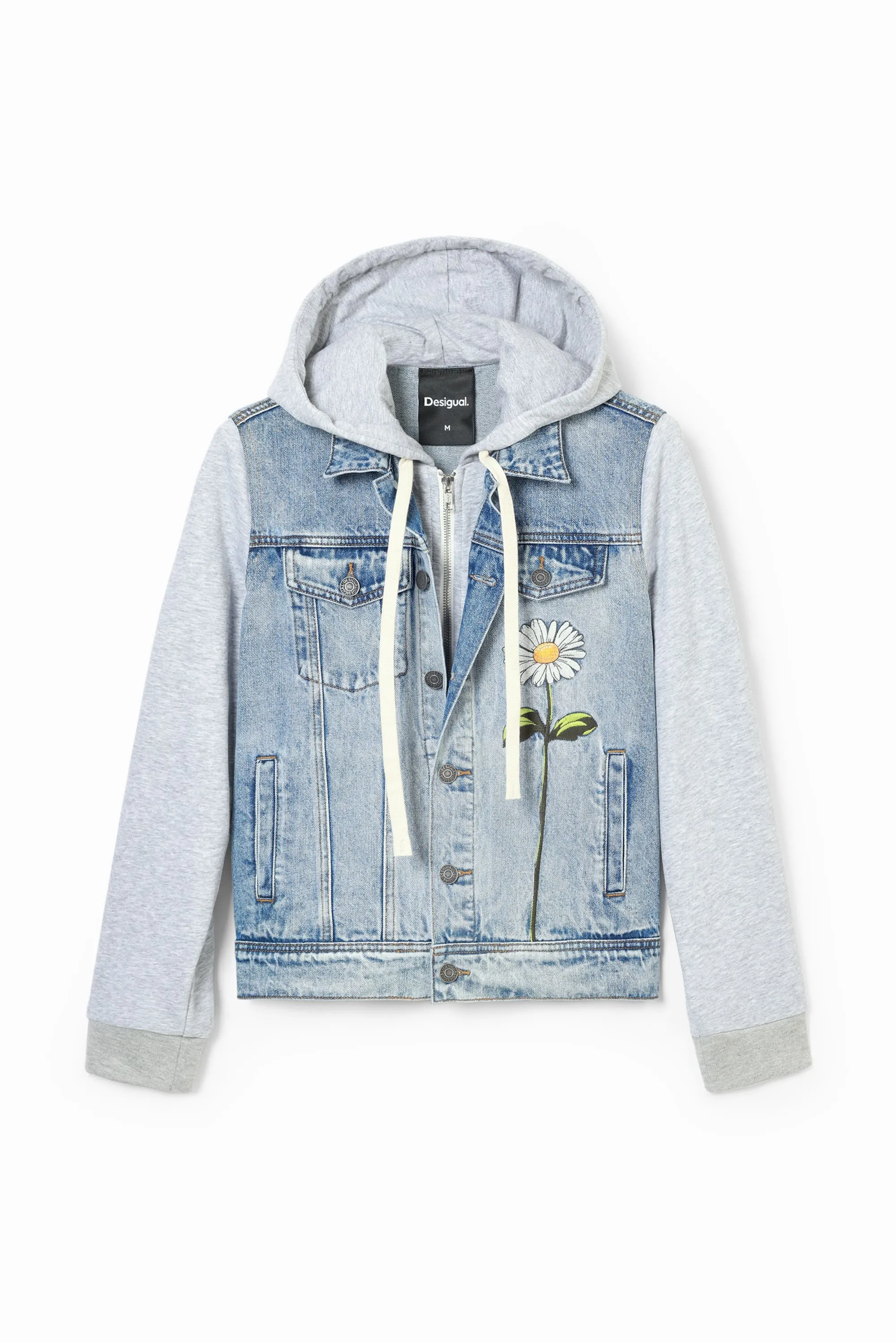 Desigual Barcelona Denim trucker jacket with floral daisy embroidery and hoodie effect 24WWED41