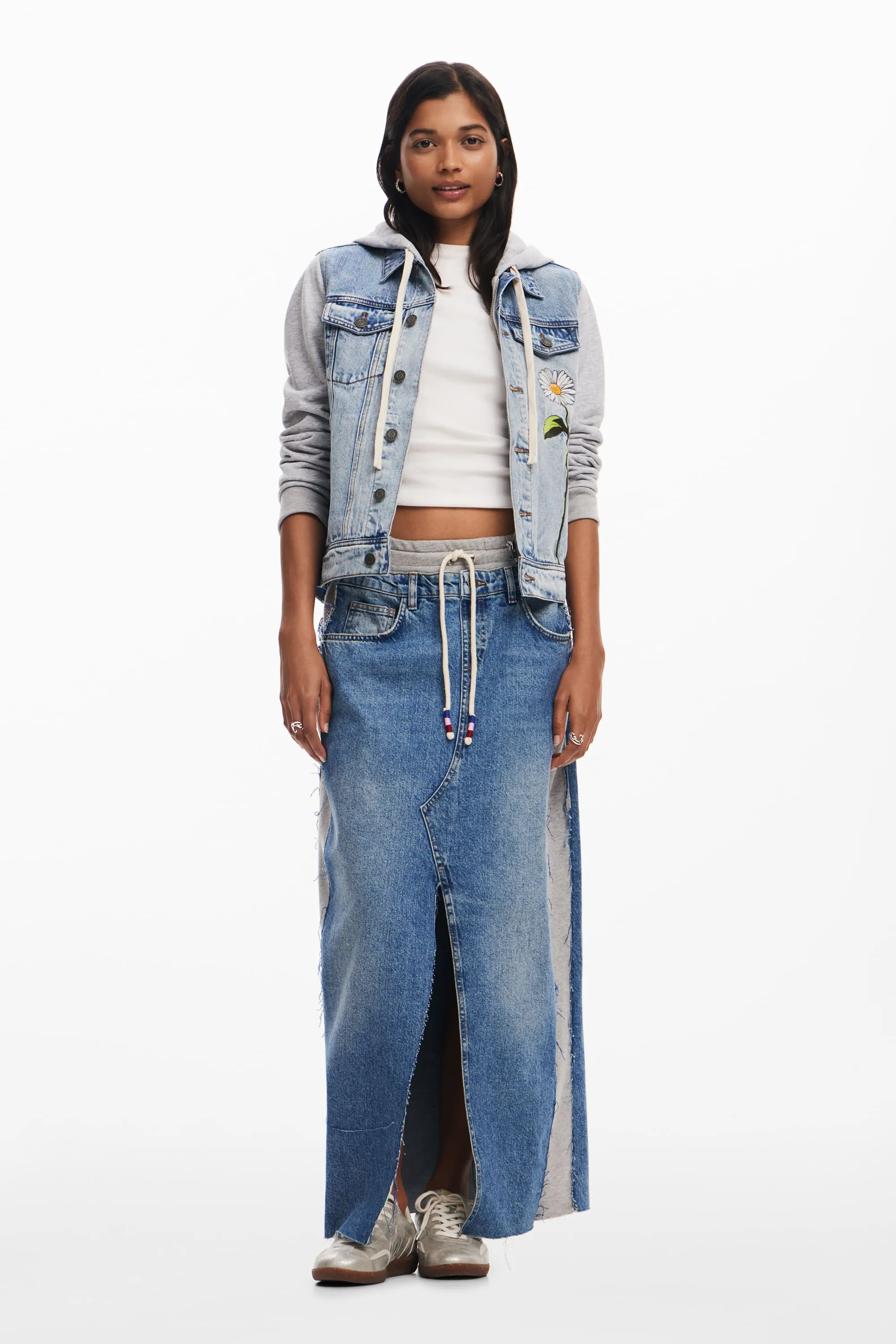 Desigual Barcelona Denim trucker jacket with floral daisy embroidery and hoodie effect 24WWED41