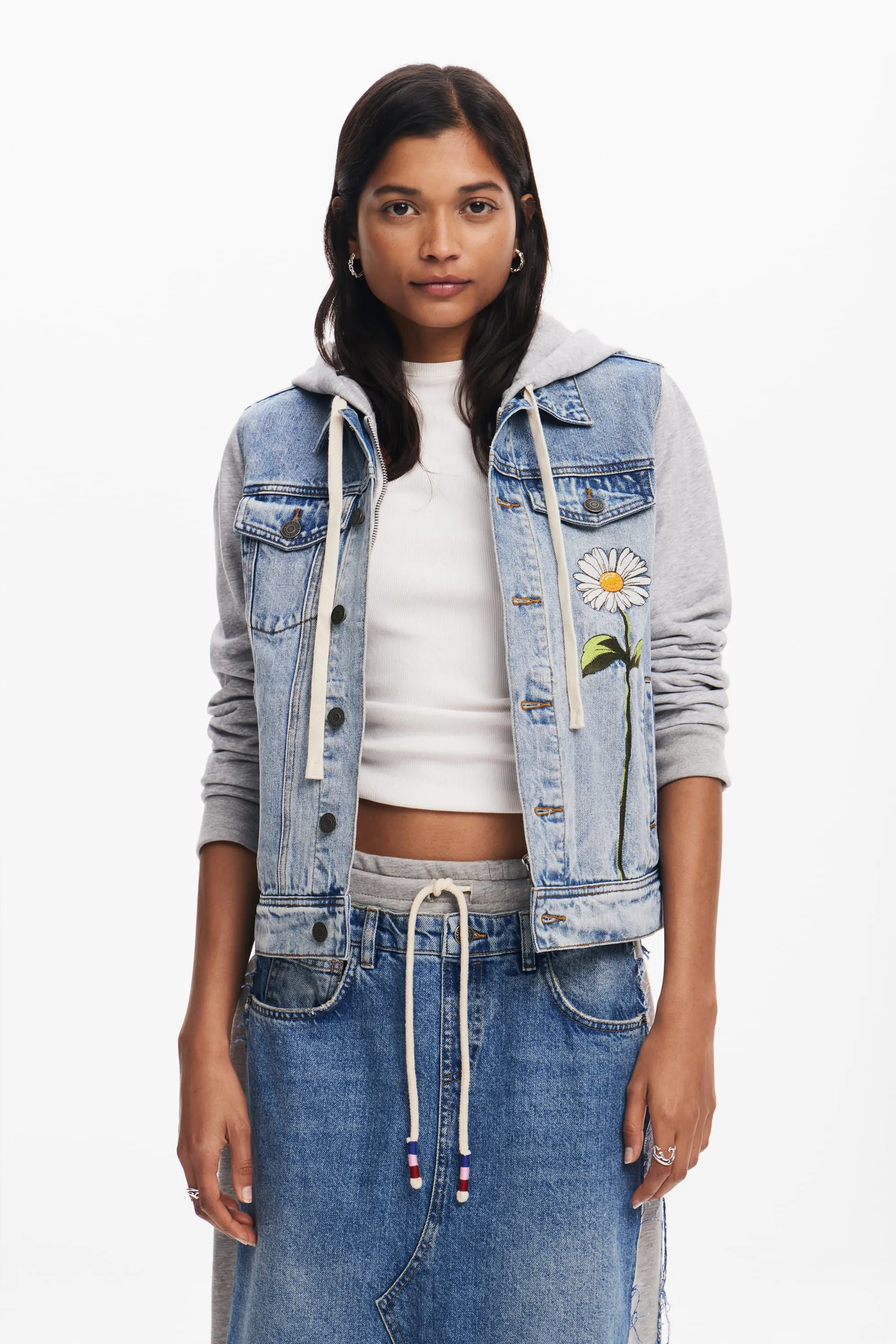 Desigual Barcelona Denim trucker jacket with floral daisy embroidery and hoodie effect 24WWED41