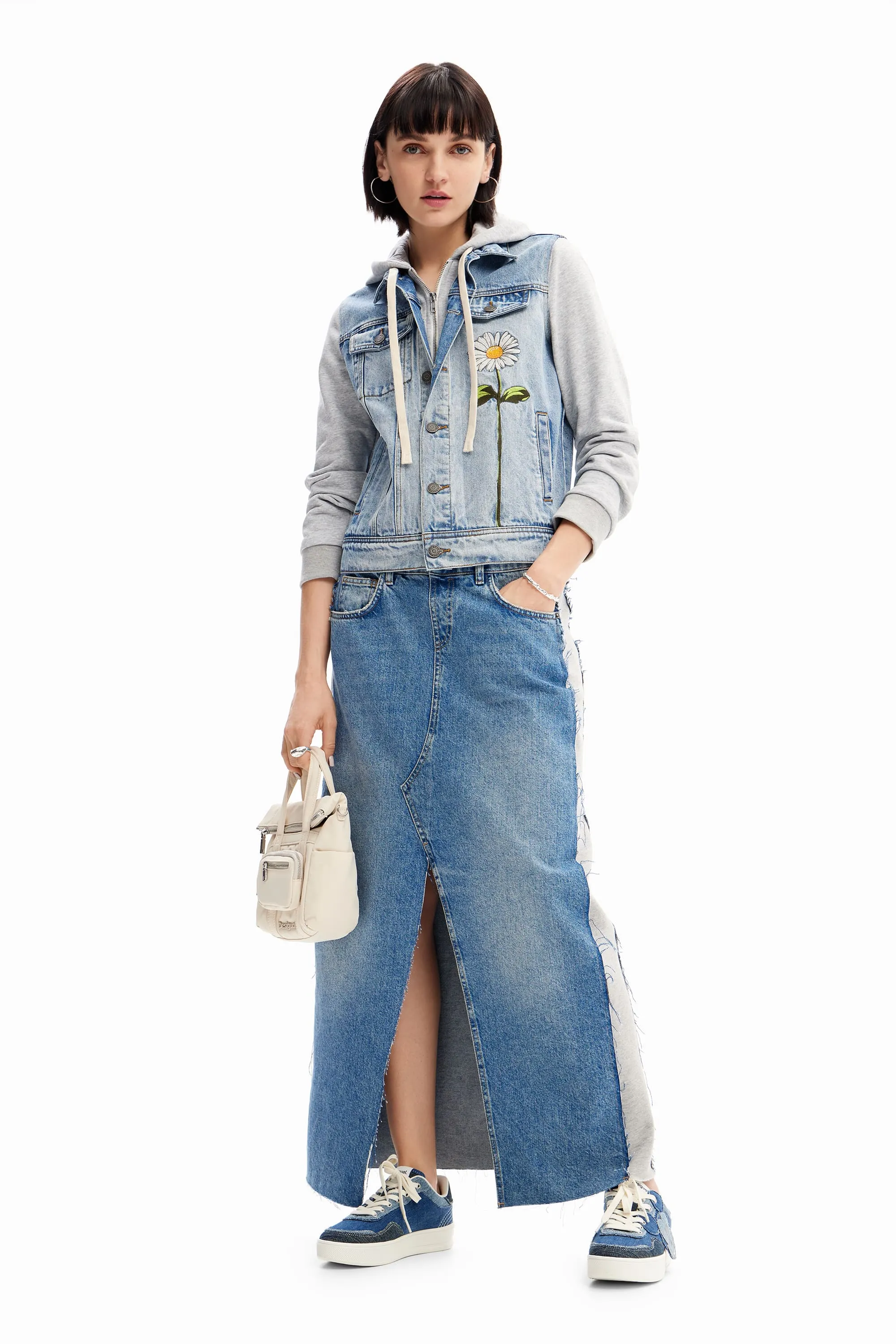 Desigual Barcelona Denim trucker jacket with floral daisy embroidery and hoodie effect 24WWED41