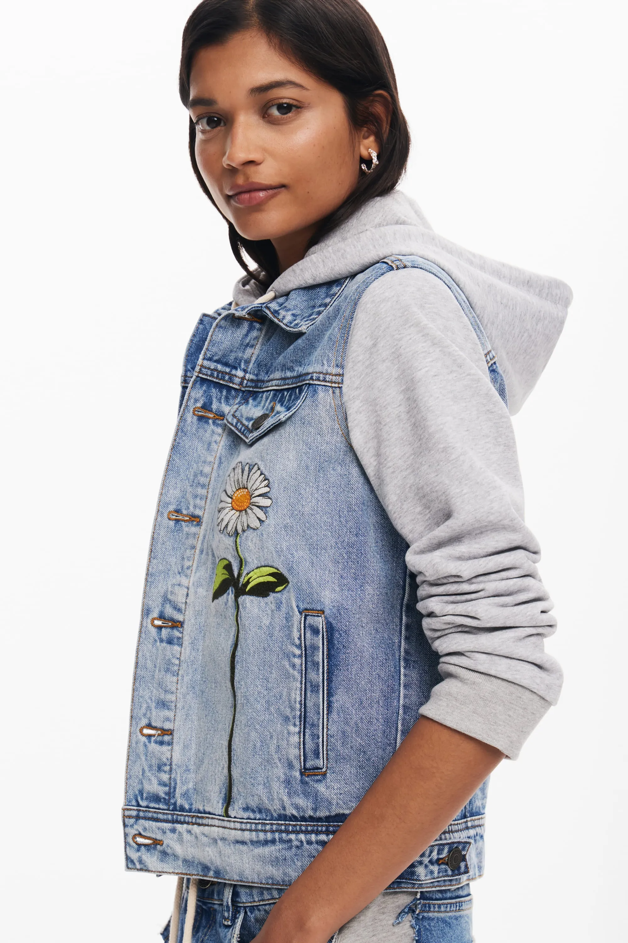 Desigual Barcelona Denim trucker jacket with floral daisy embroidery and hoodie effect 24WWED41