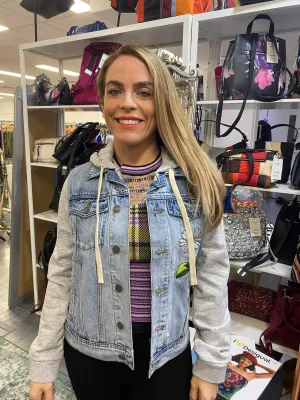 Desigual Barcelona Denim trucker jacket with floral daisy embroidery and hoodie effect 24WWED41