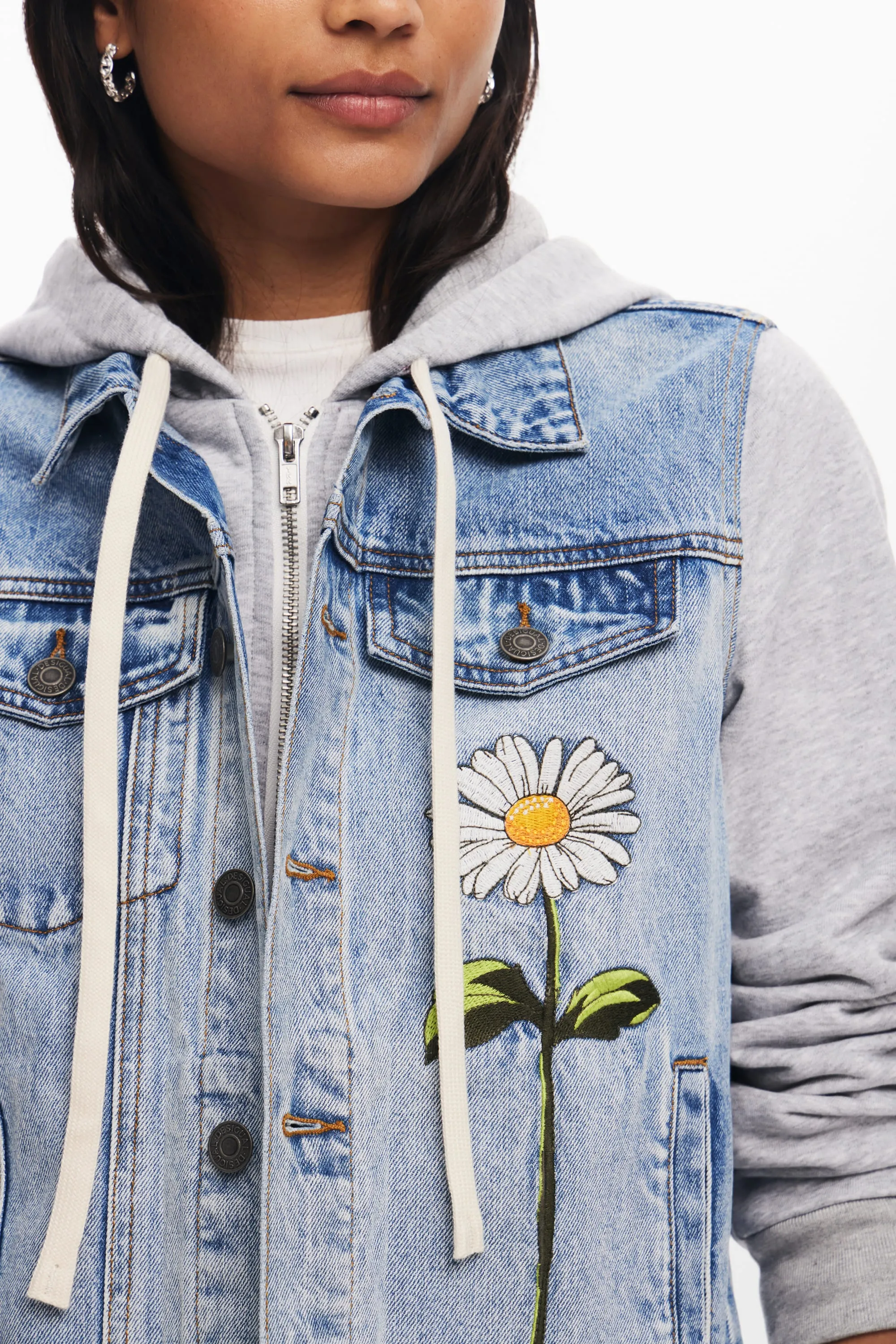 Desigual Barcelona Denim trucker jacket with floral daisy embroidery and hoodie effect 24WWED41