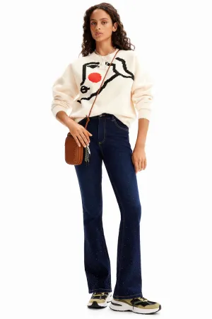 Desigual Rhinestone Flare Jeans Denim Dark Blue