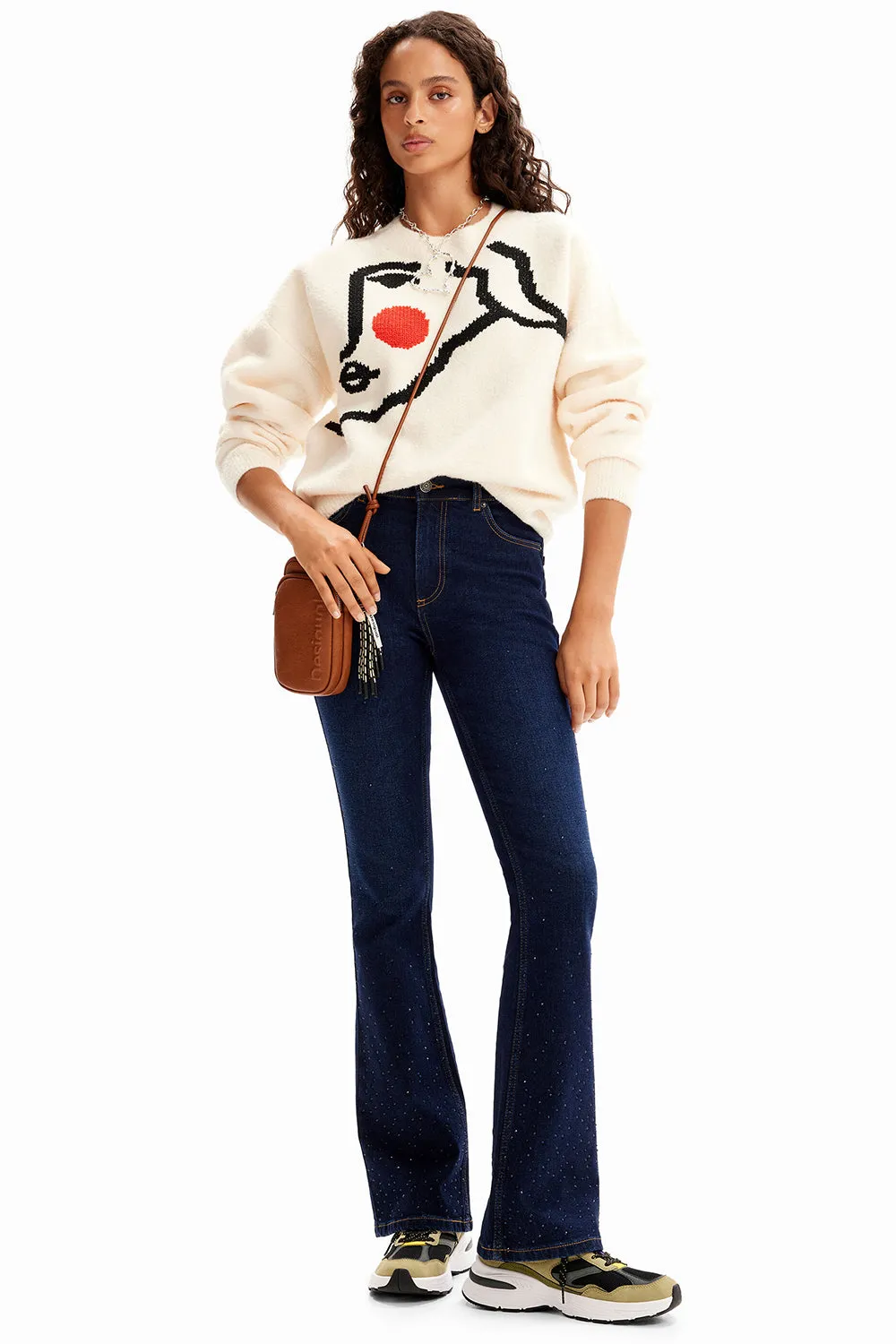Desigual Rhinestone Flare Jeans Denim Dark Blue