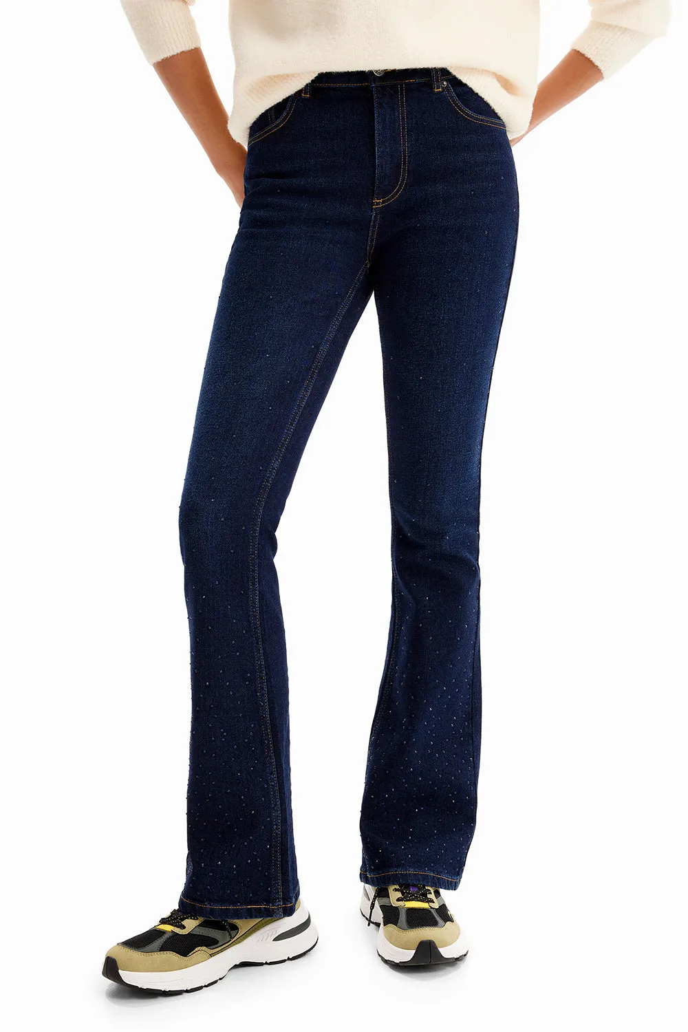 Desigual Rhinestone Flare Jeans Denim Dark Blue