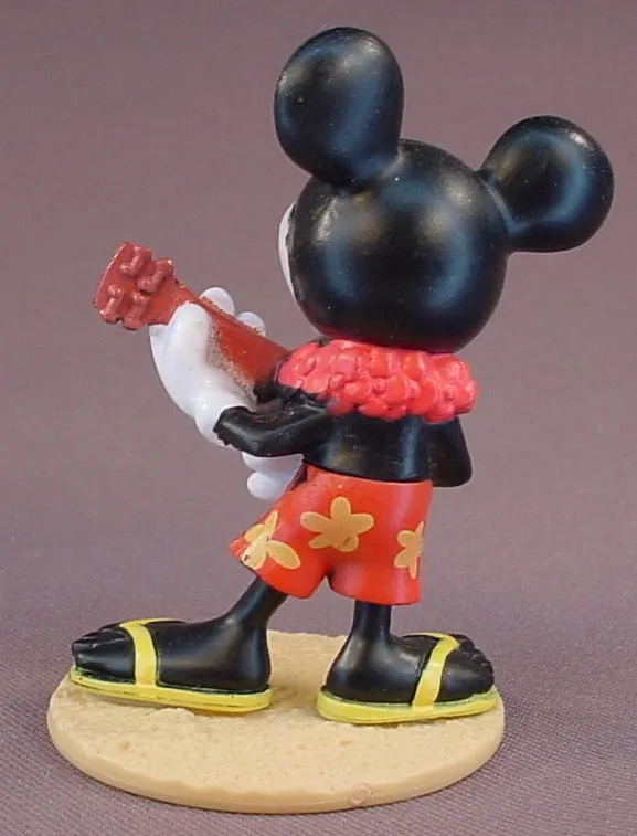 Disney Mickey Mouse In Hawaiian Shorts & Lei Playing A Ukulele PVC Figure On A Sand Base, 3 Inches Tall, Decoma