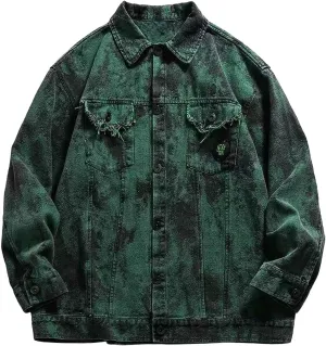 Distressed Denim Jacket Mens Fashion Y2k Tie Dye Button down Jean Shirts Jackets Outerwear Loose Fit Trucker Jean Coat