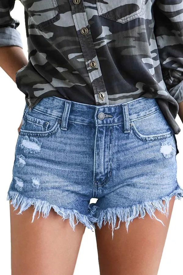 Distressed Frayed Raw Hem Denim Shorts For Women