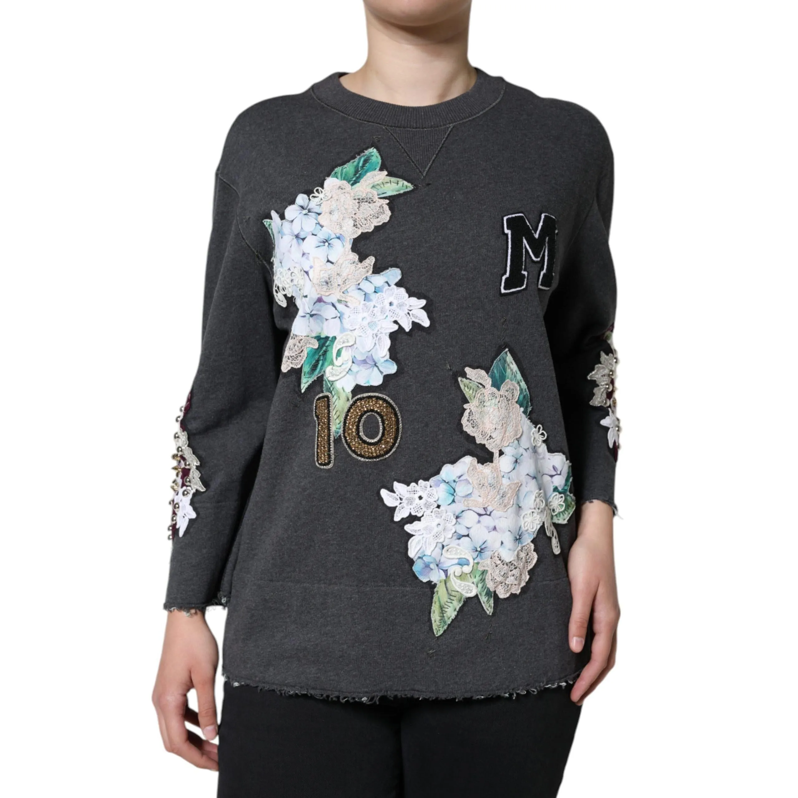 Dolce & Gabbana Gray Hydrangea CollegeStudded Floral Sweater