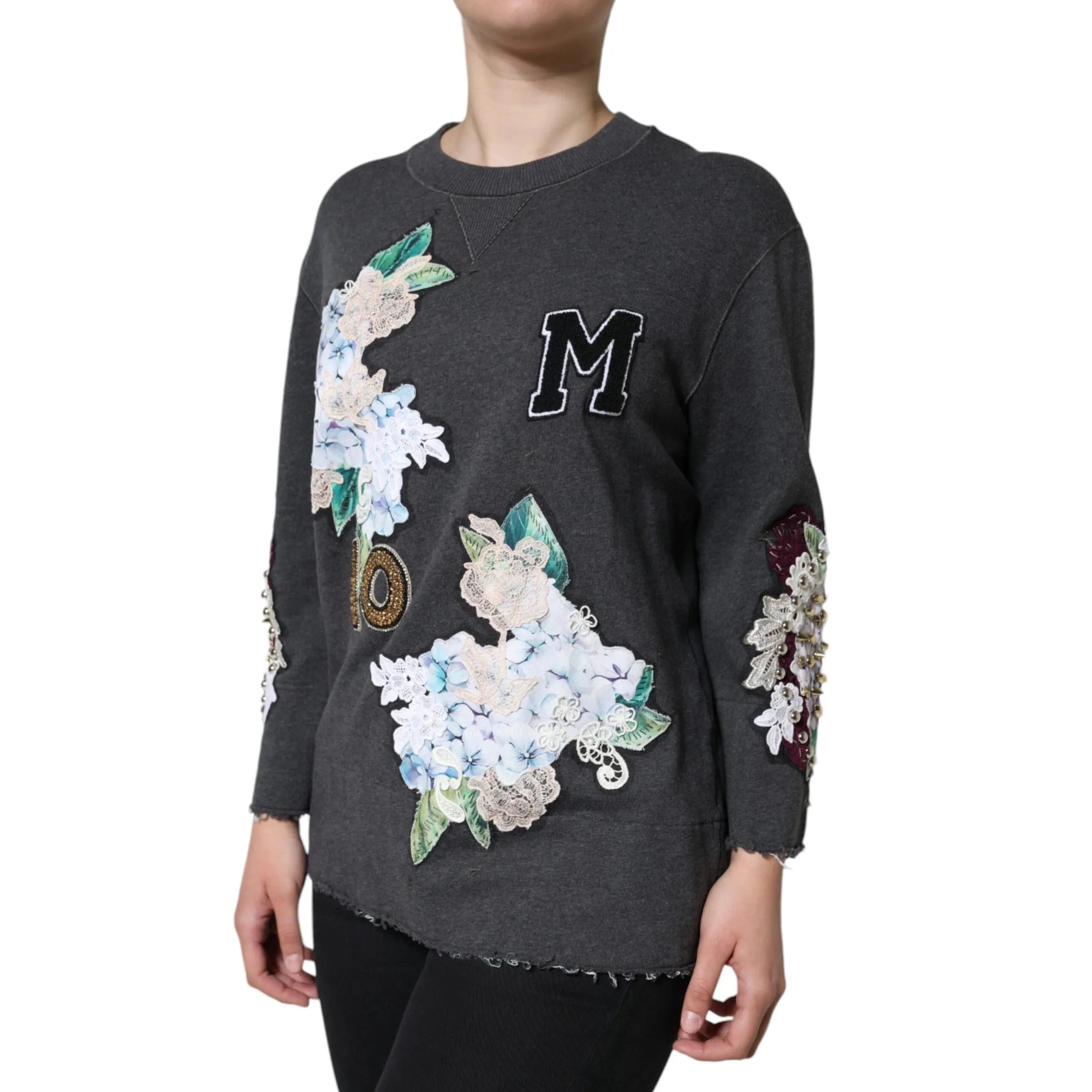 Dolce & Gabbana Gray Hydrangea CollegeStudded Floral Sweater