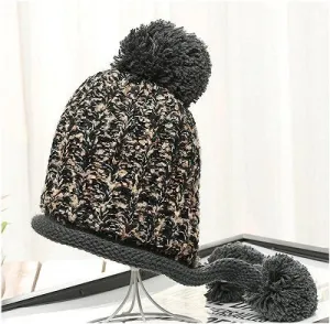 Dreadz Rolled Brim Pom Pom Fleece Lined Beanie Hat (Black/Grey/Multi) (AL_1801)