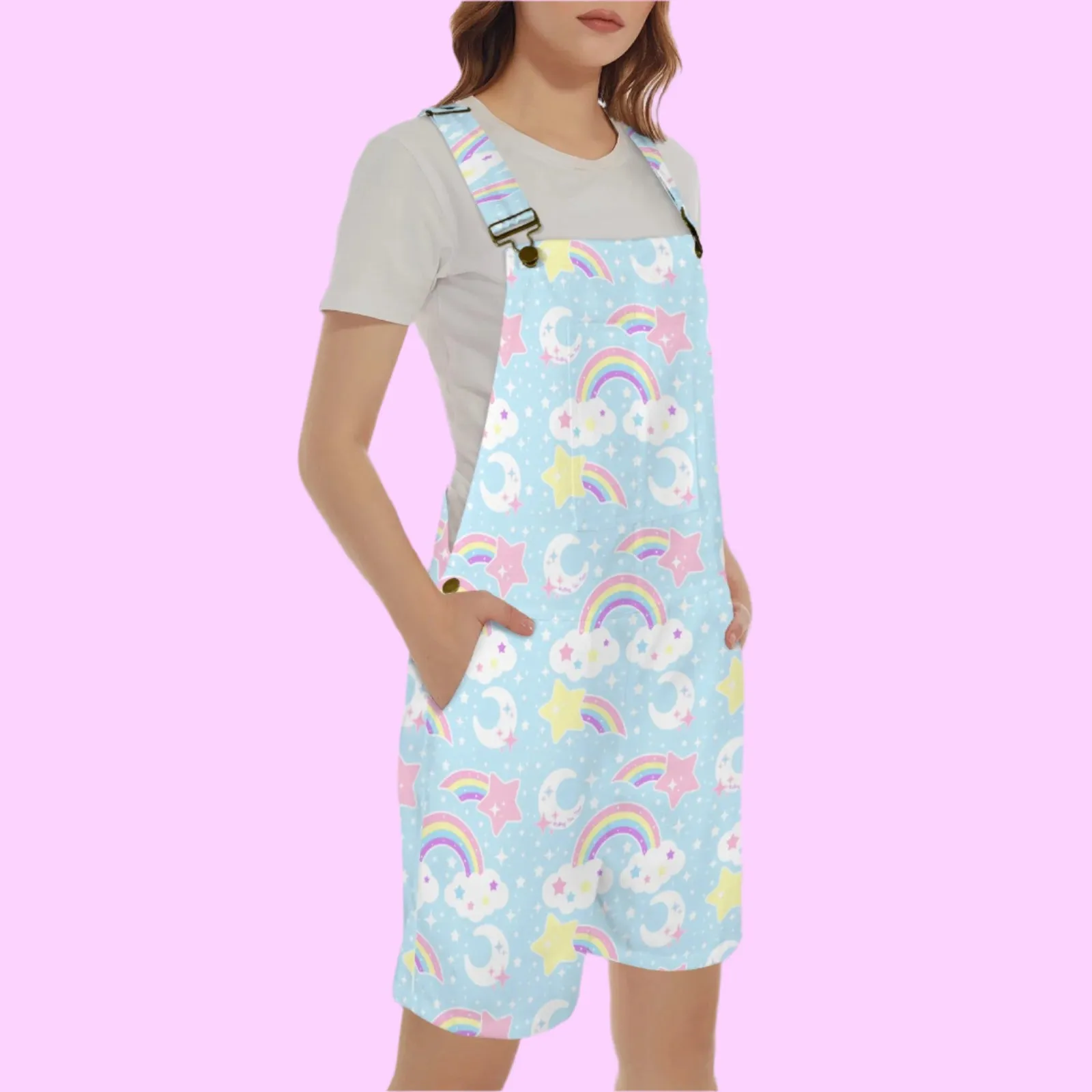 Dreamy Rainbow Blue Unisex Shorts Overalls With Adjustable Straps And Pockets