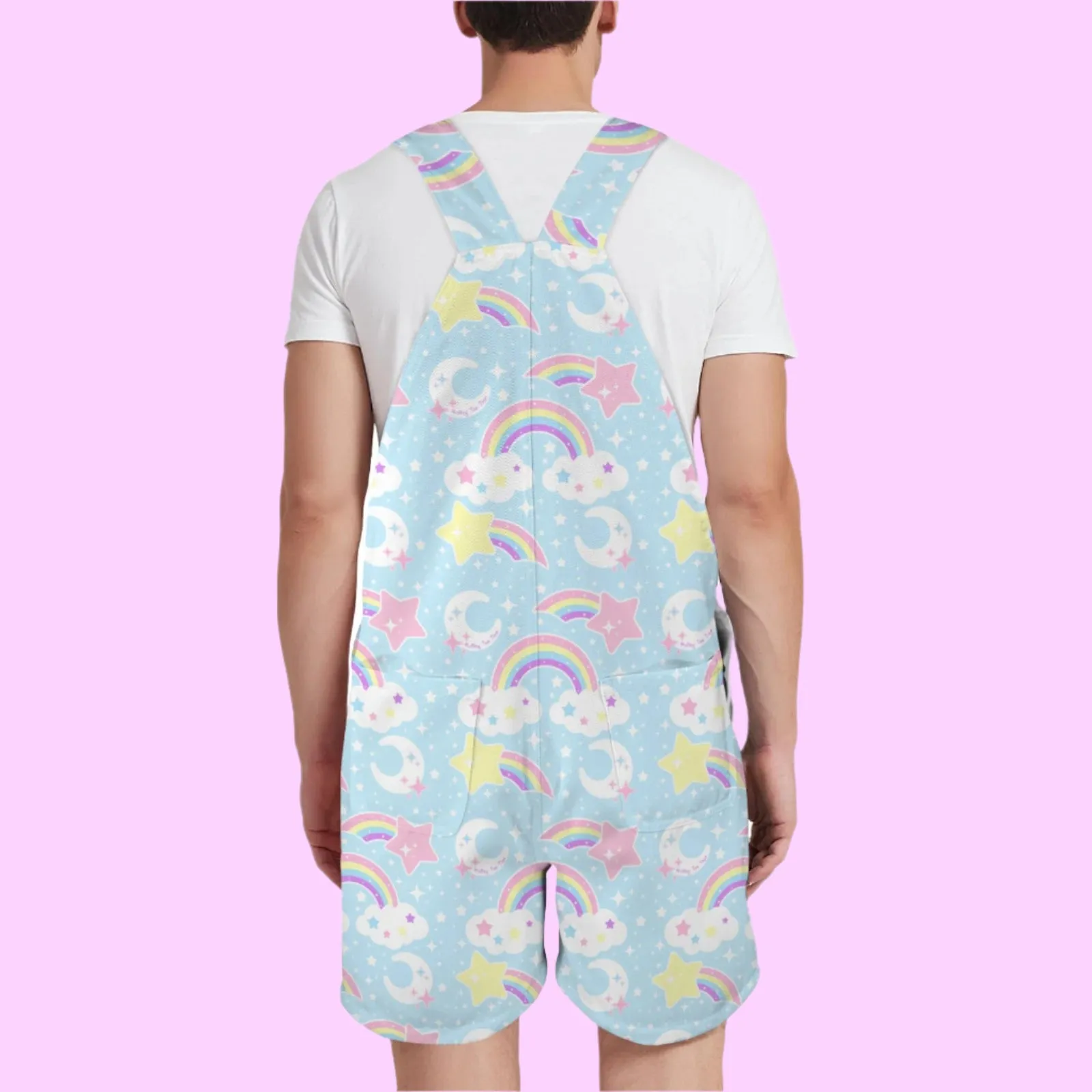 Dreamy Rainbow Blue Unisex Shorts Overalls With Adjustable Straps And Pockets