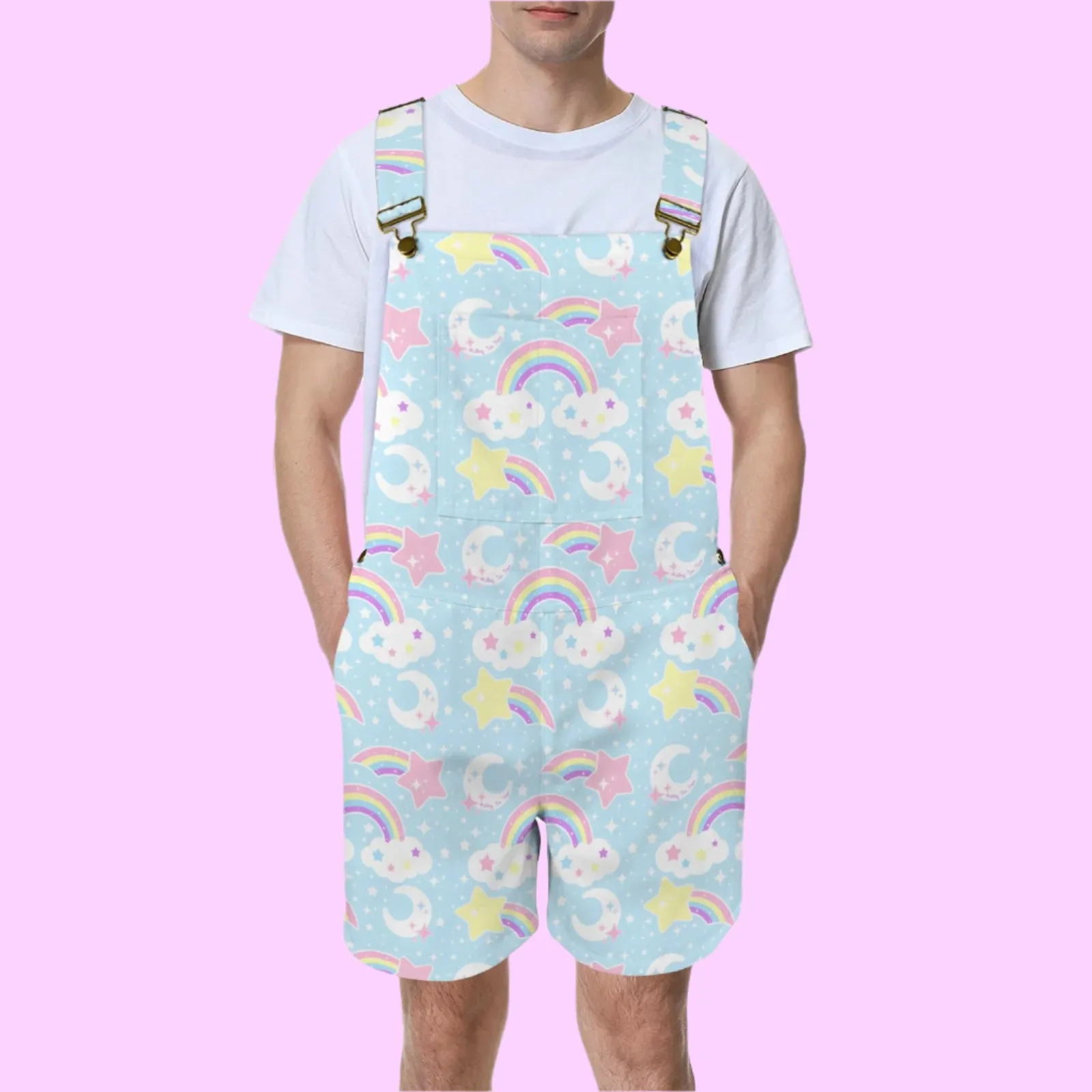 Dreamy Rainbow Blue Unisex Shorts Overalls With Adjustable Straps And Pockets