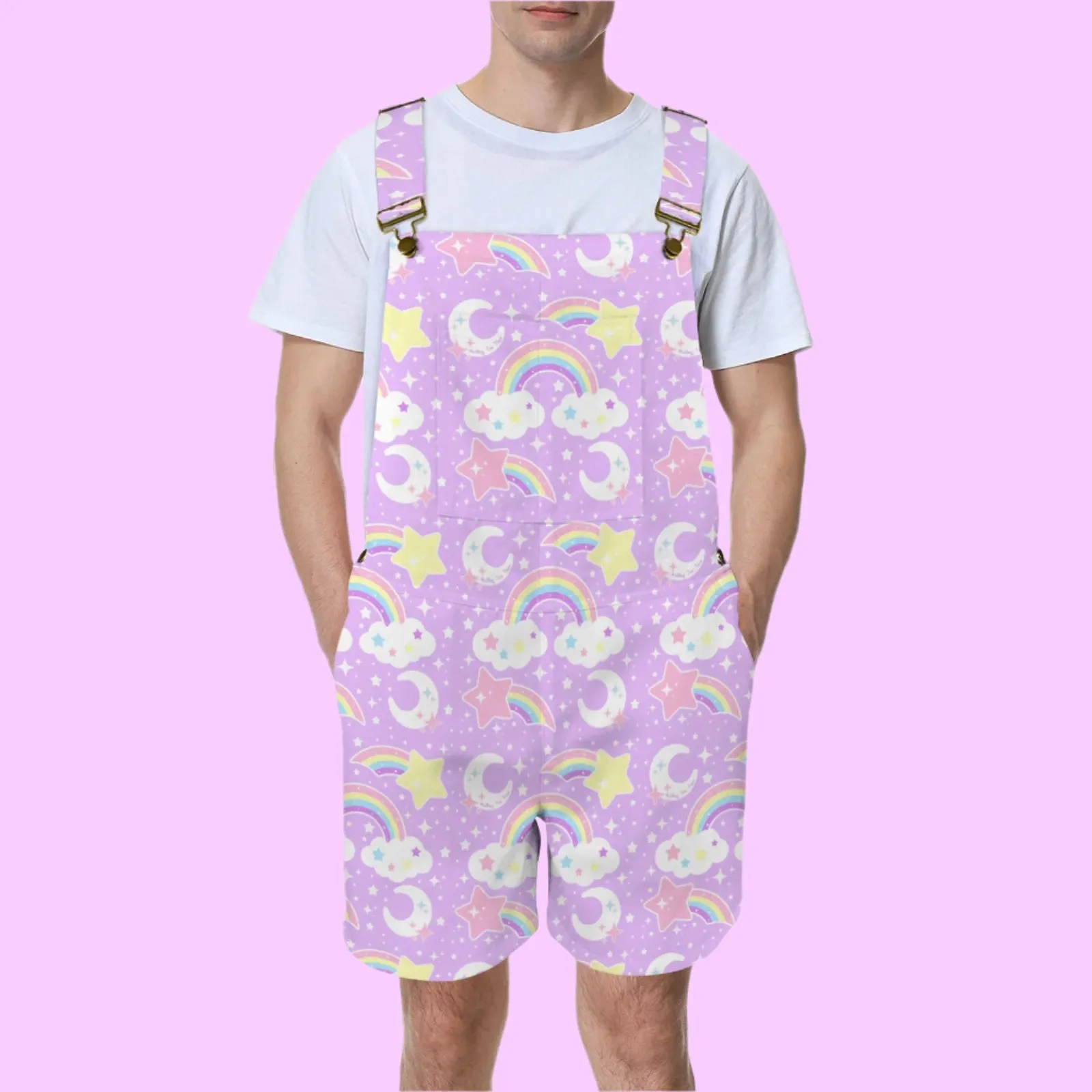Dreamy Rainbow Purple Unisex Shorts Overalls With Adjustable Straps And Pockets