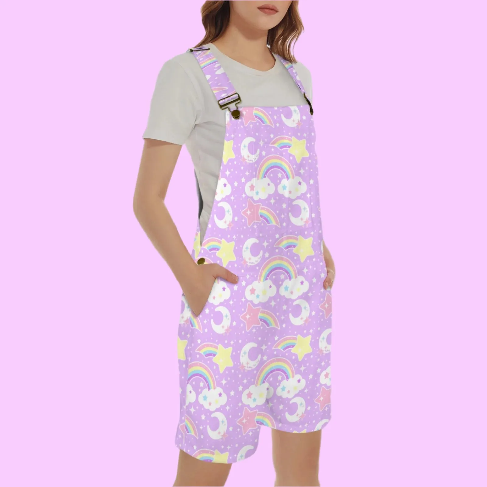 Dreamy Rainbow Purple Unisex Shorts Overalls With Adjustable Straps And Pockets