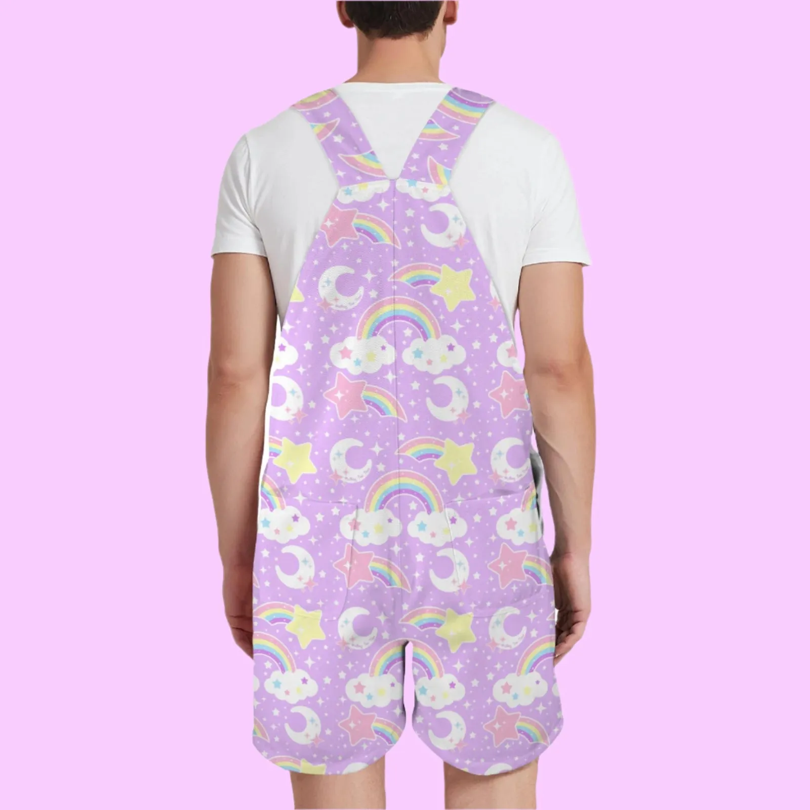 Dreamy Rainbow Purple Unisex Shorts Overalls With Adjustable Straps And Pockets