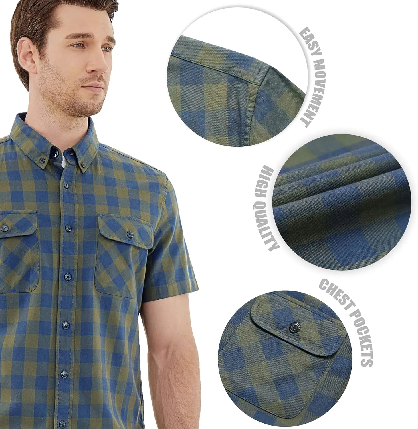 Dubinik Mens Short Sleeve Button Down Shirts 100% Cotton Plaid Men's Casual Button-Down Shirts with Pocket