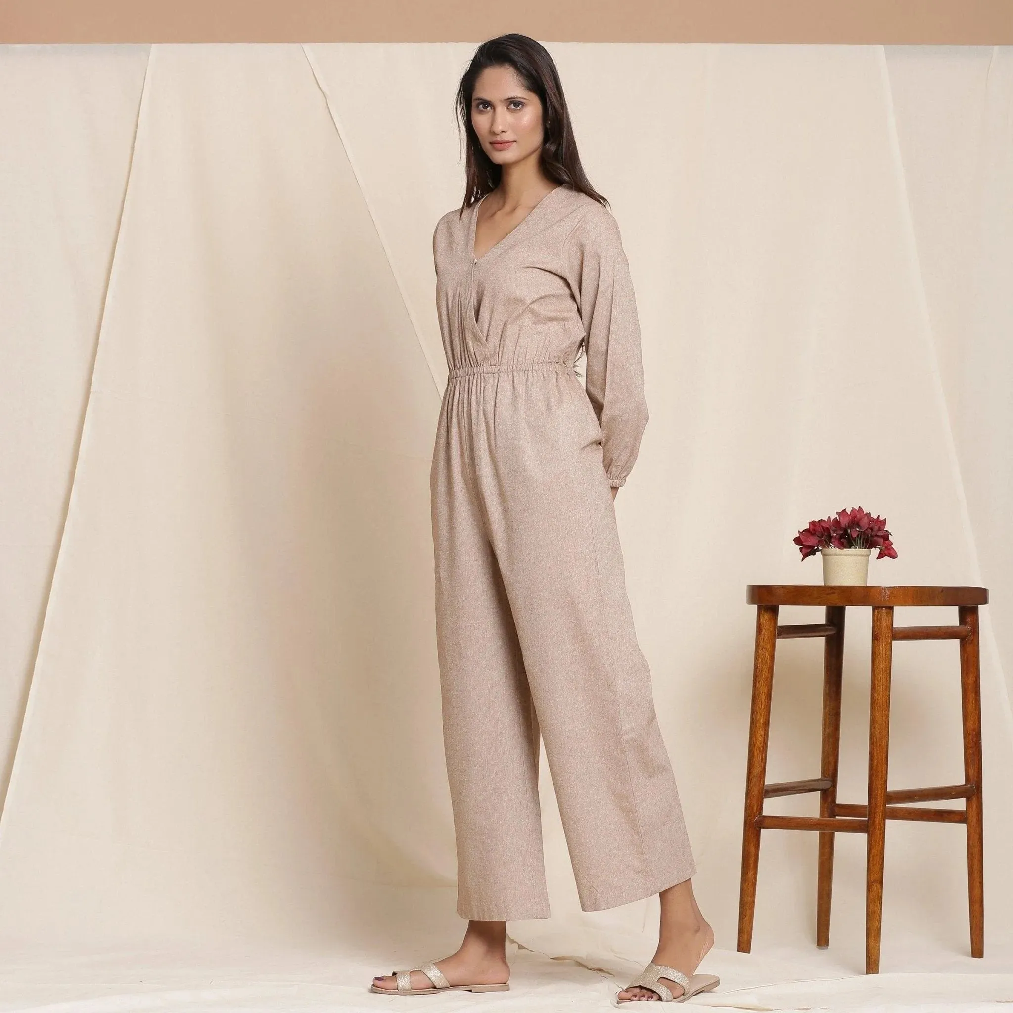 Dusk Brown Cotton Elasticated Surplice Neck Overalls Jumpsuit