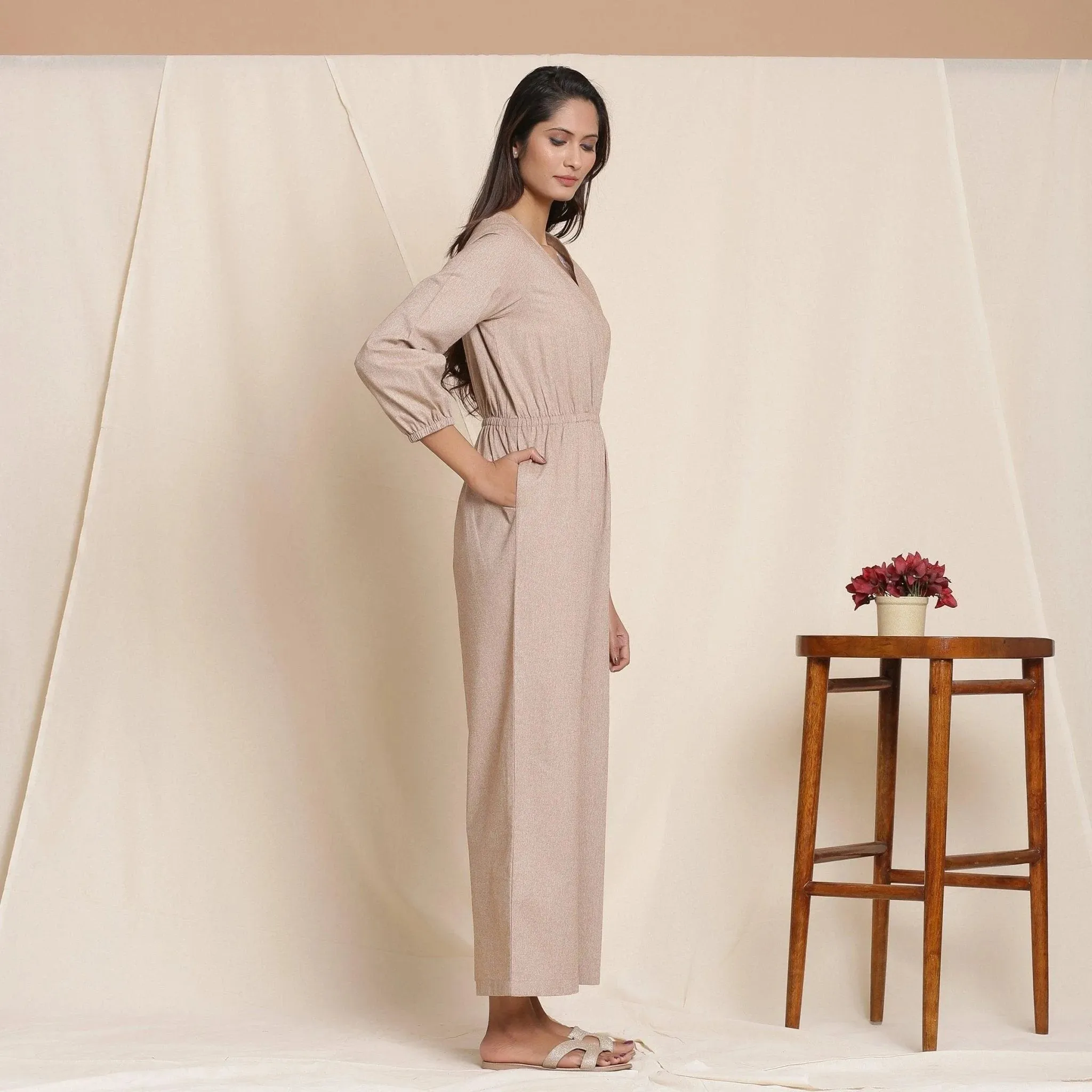 Dusk Brown Cotton Elasticated Surplice Neck Overalls Jumpsuit