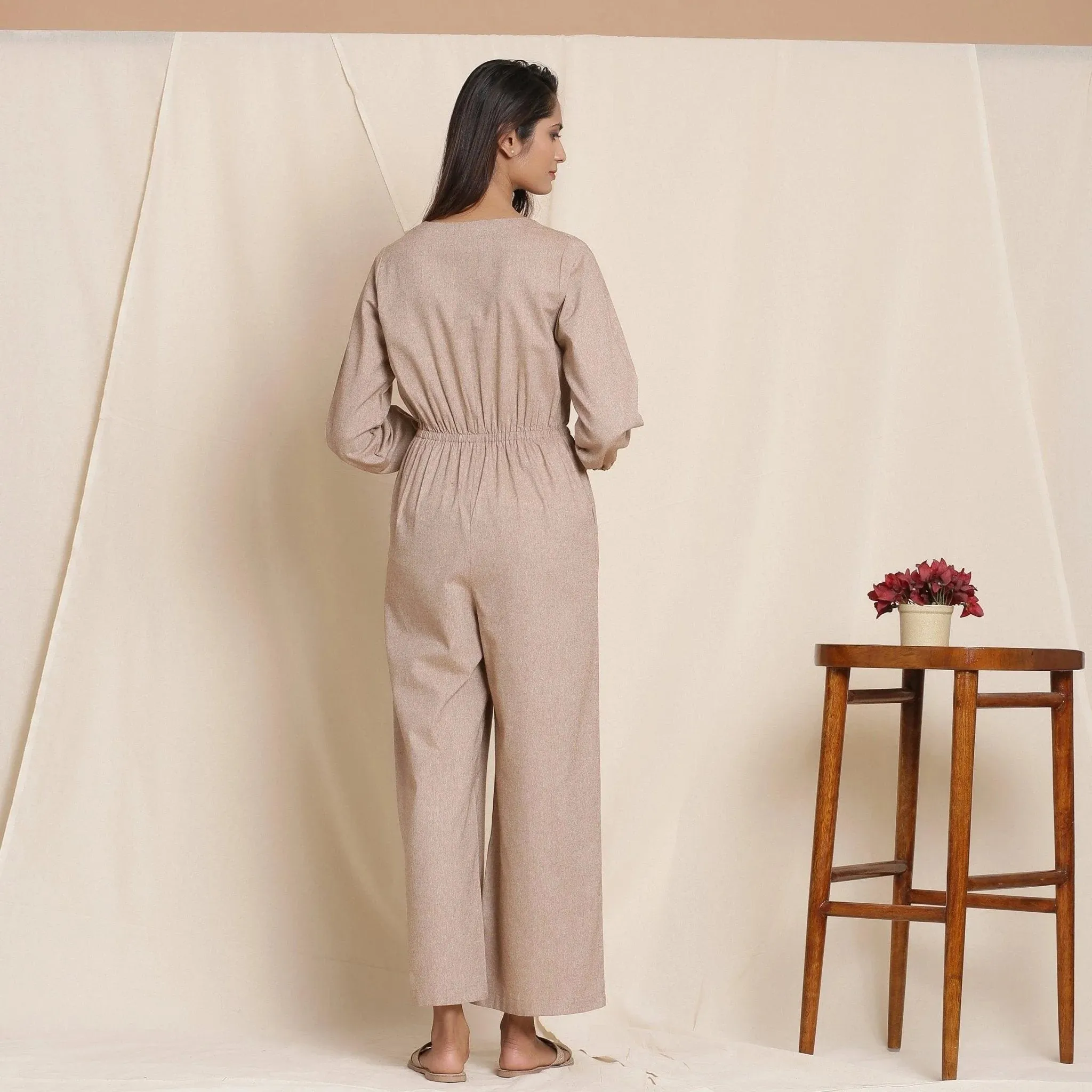 Dusk Brown Cotton Elasticated Surplice Neck Overalls Jumpsuit