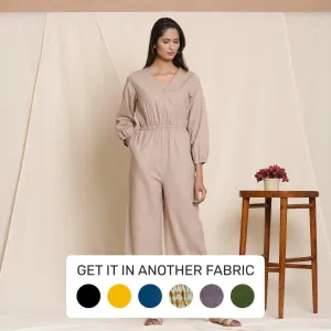 Dusk Brown Cotton Elasticated Surplice Neck Overalls Jumpsuit