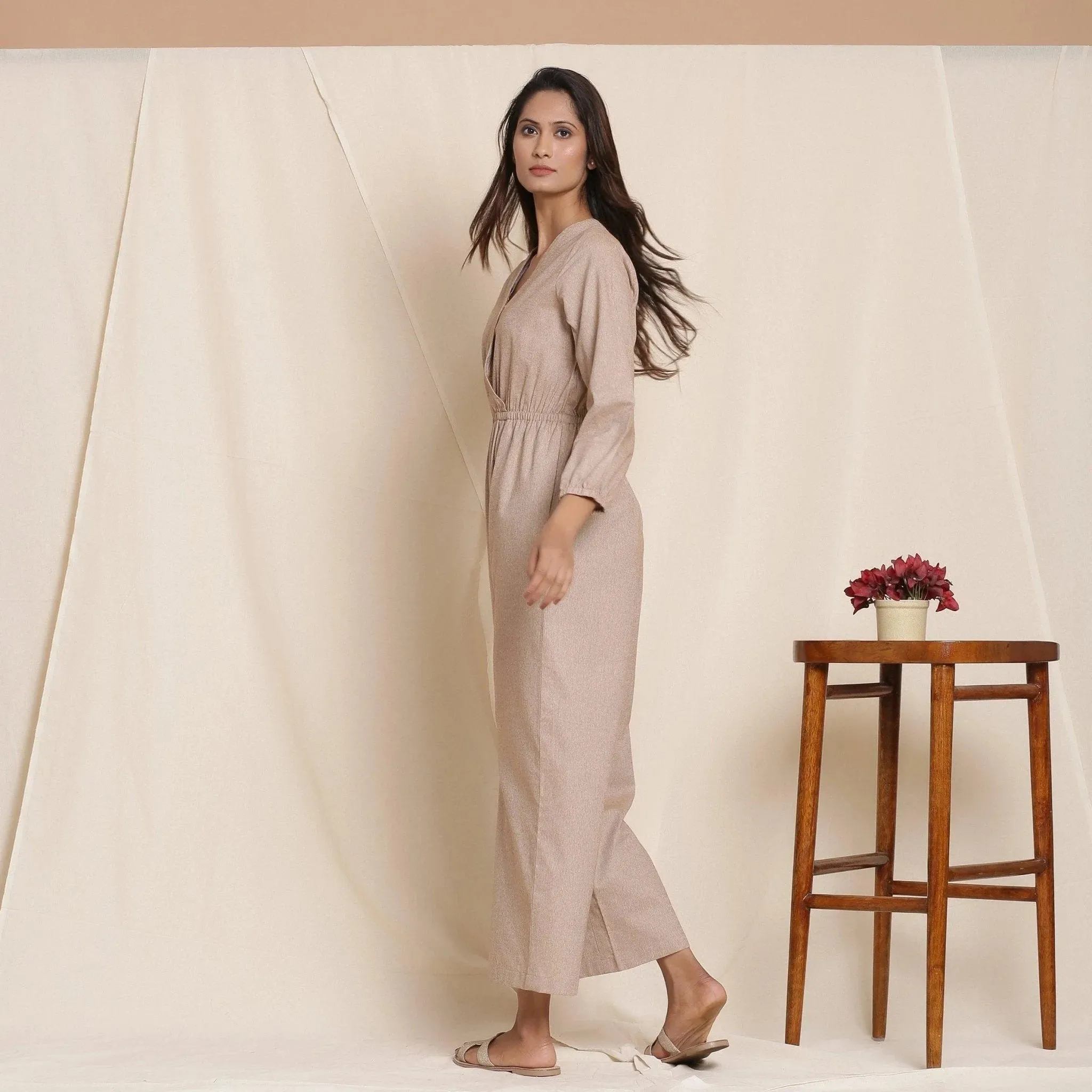 Dusk Brown Cotton Elasticated Surplice Neck Overalls Jumpsuit