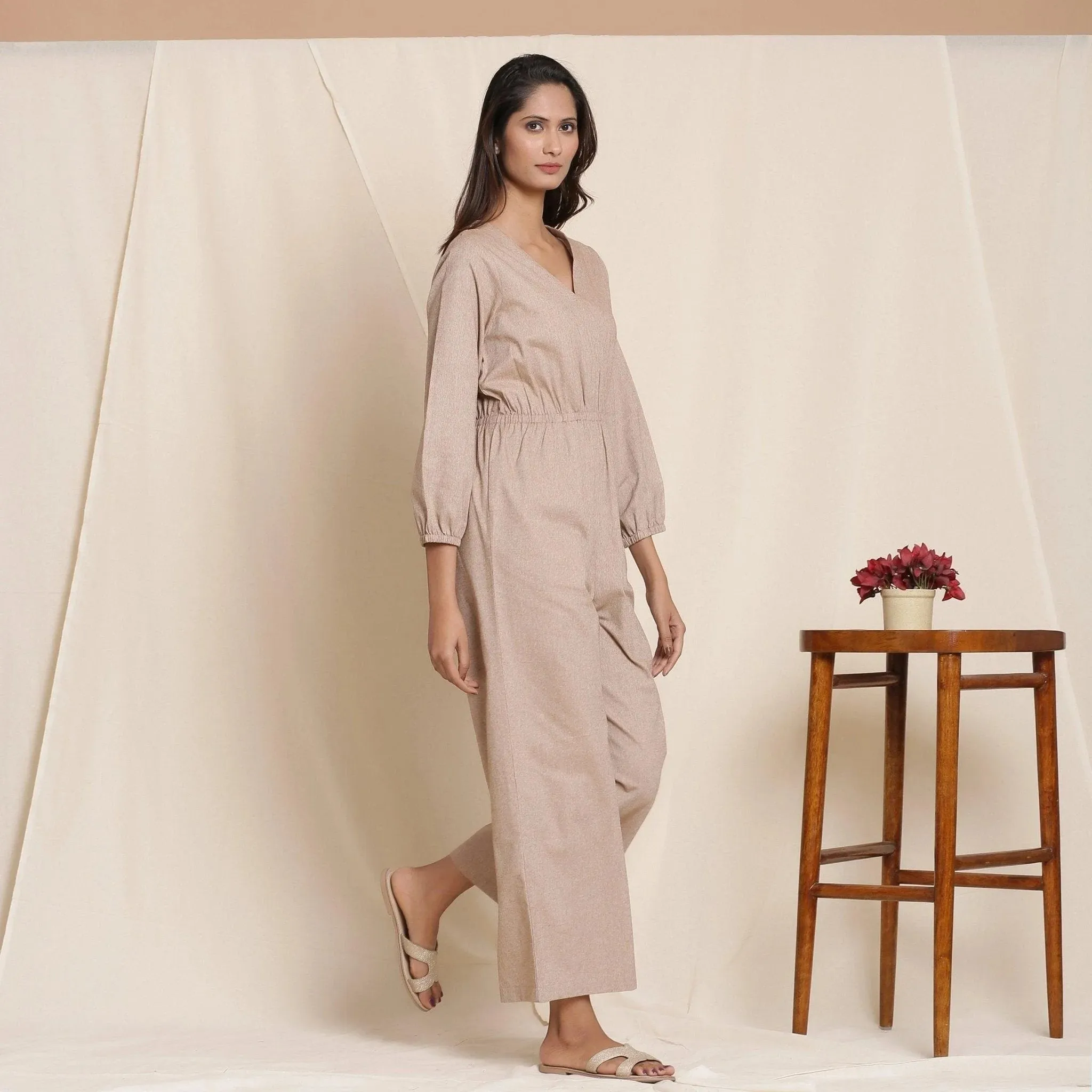 Dusk Brown Cotton Elasticated Surplice Neck Overalls Jumpsuit