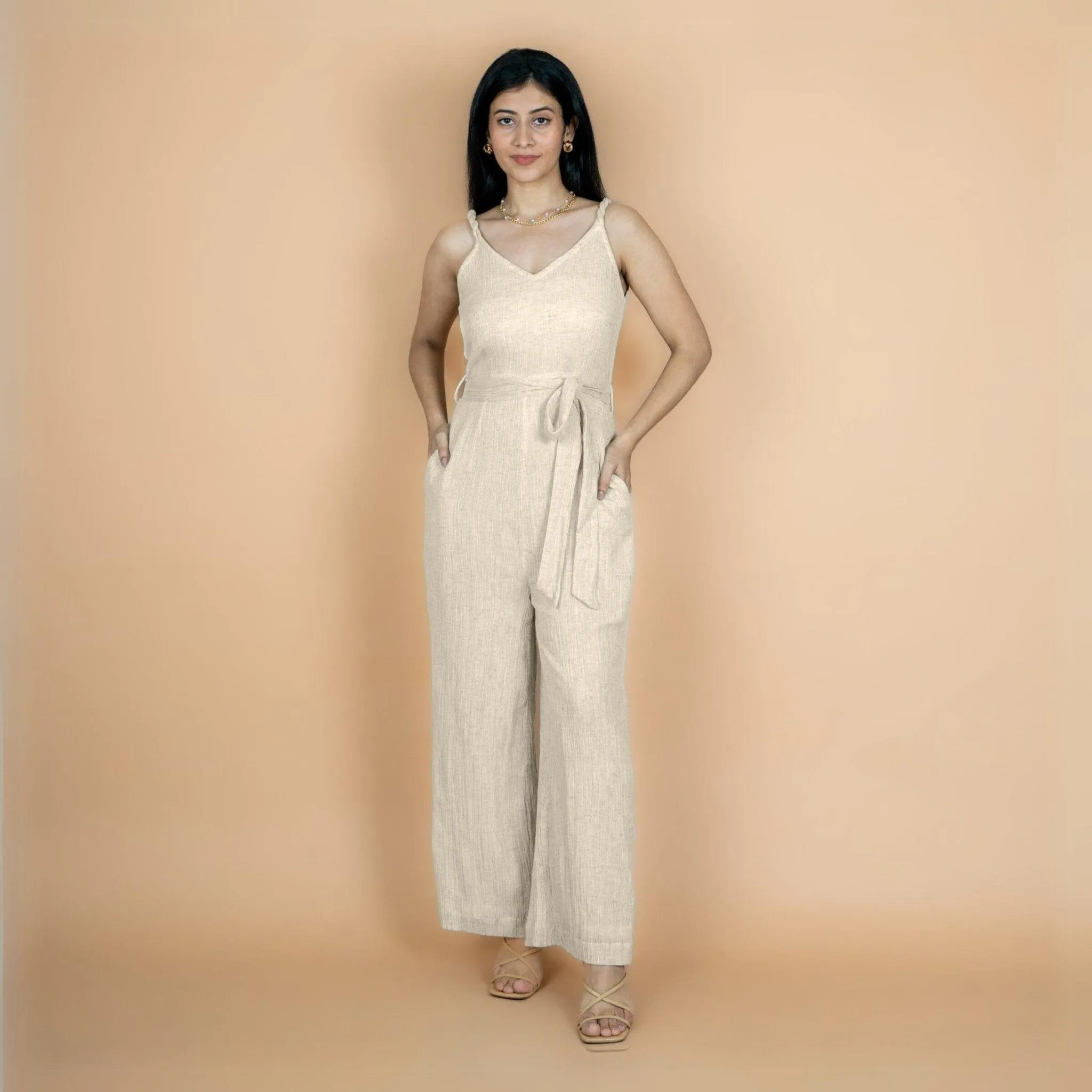 Ecru Undyed Crinkled Cotton Flax V-Neck Strap Sleeve Jumpsuit