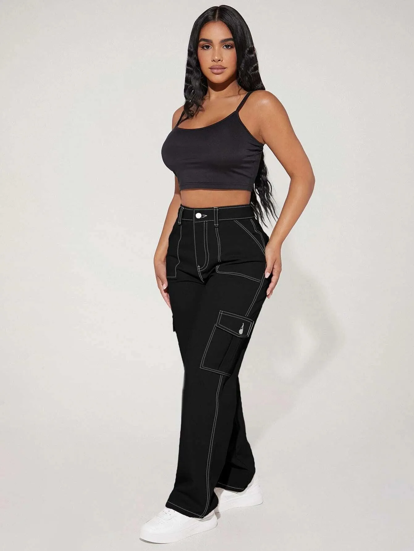 Elevated Waist Cargo Denim Jeans