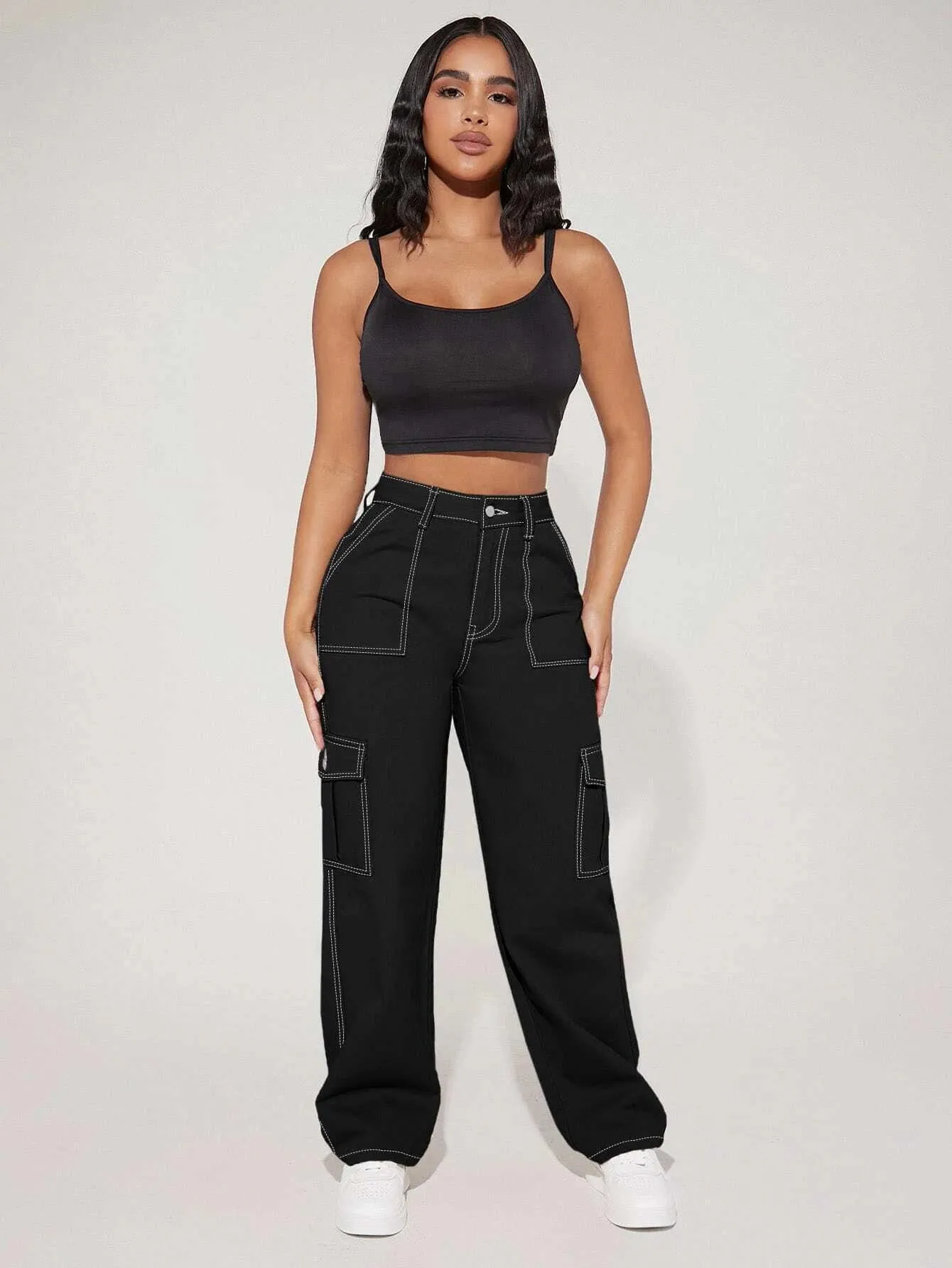 Elevated Waist Cargo Denim Jeans