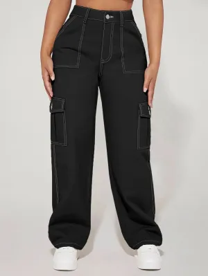 Elevated Waist Cargo Denim Jeans