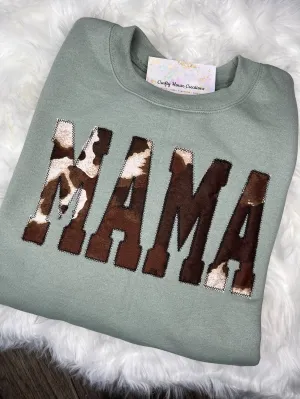 Embroidered Cow Print Mama Sweatshirt, Mama, Appliqué, Embroidered, Cow Print
