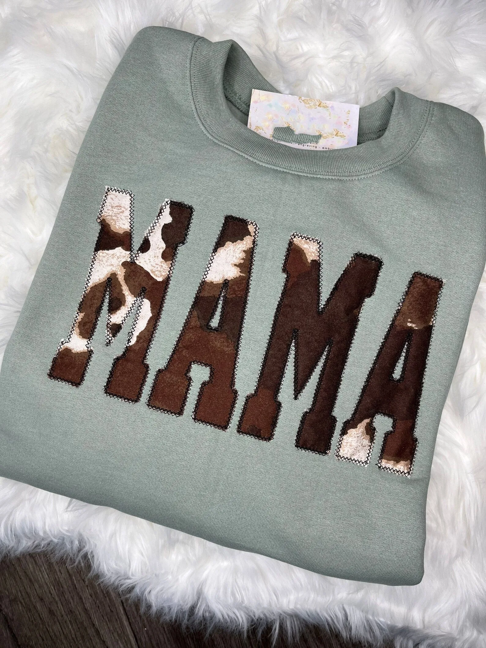 Embroidered Cow Print Mama Sweatshirt, Mama, Appliqué, Embroidered, Cow Print