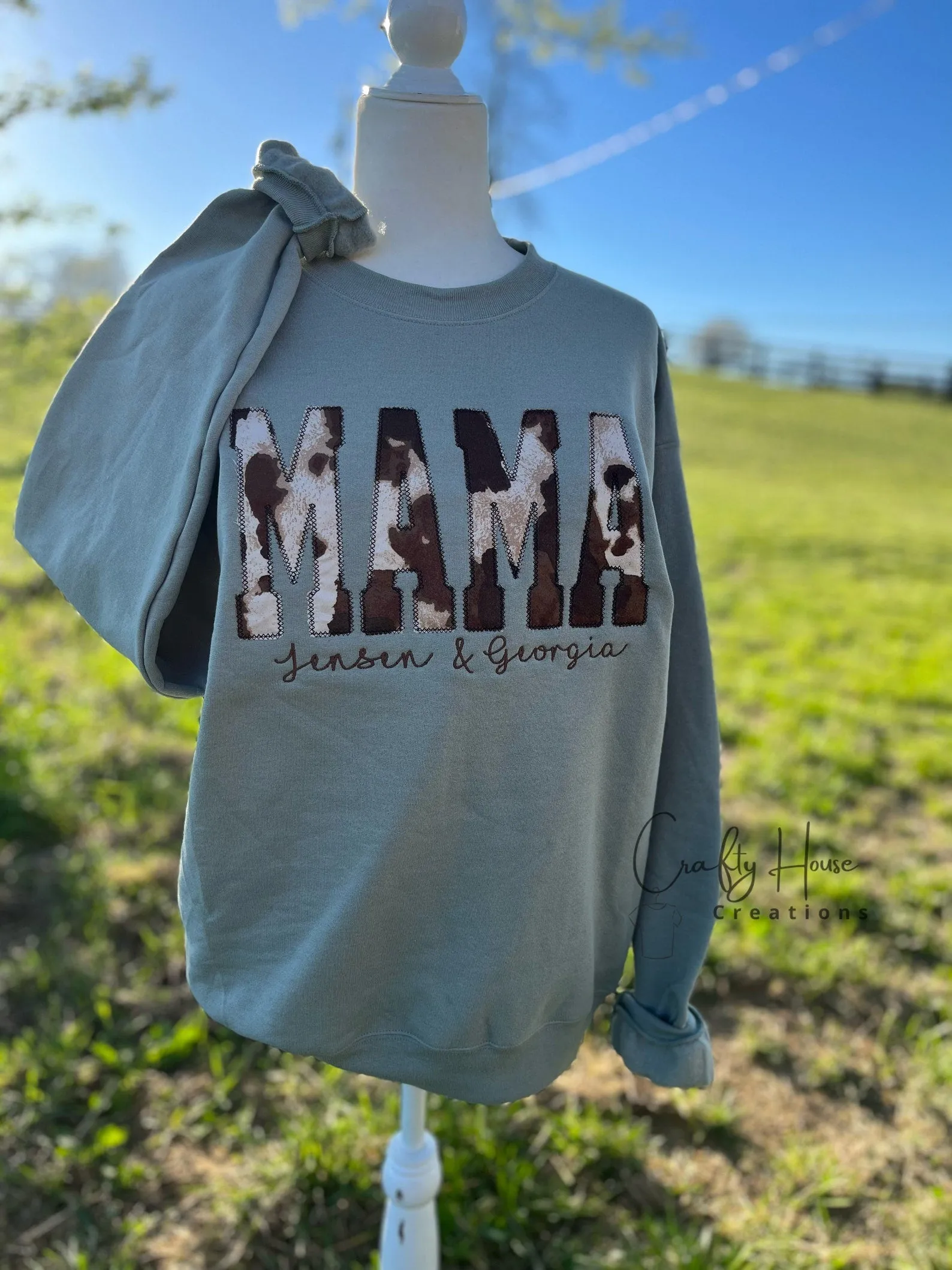Embroidered Cow Print Mama Sweatshirt, Mama, Appliqué, Embroidered, Cow Print