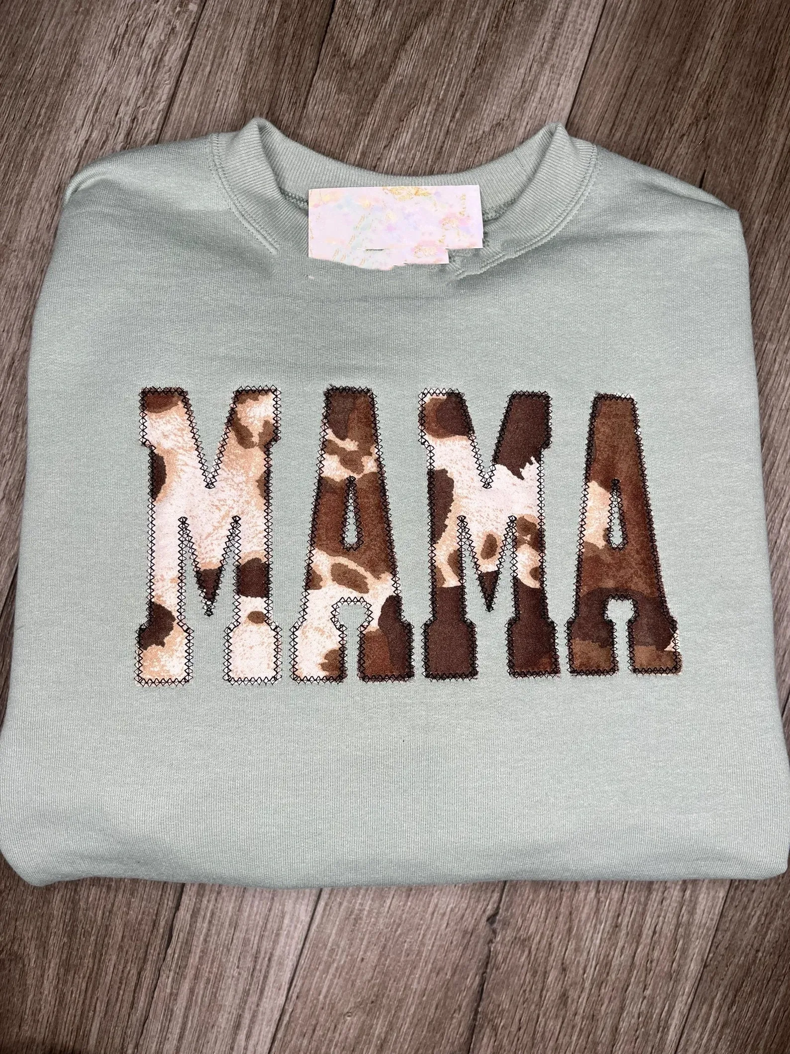 Embroidered Cow Print Mama Sweatshirt, Mama, Appliqué, Embroidered, Cow Print