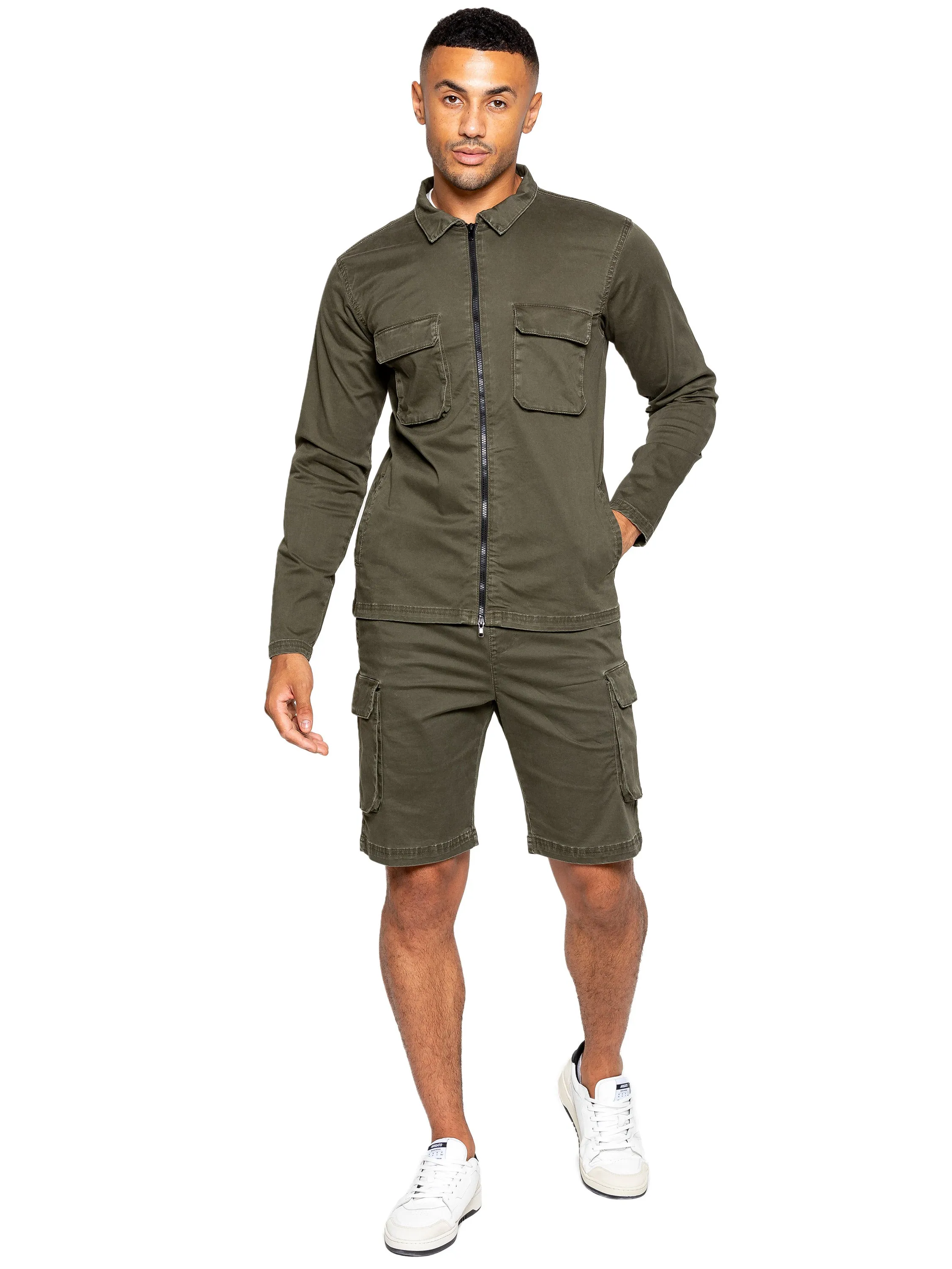 Enzo | Mens Cargo Overshirt Tracksuit With Shorts Set
