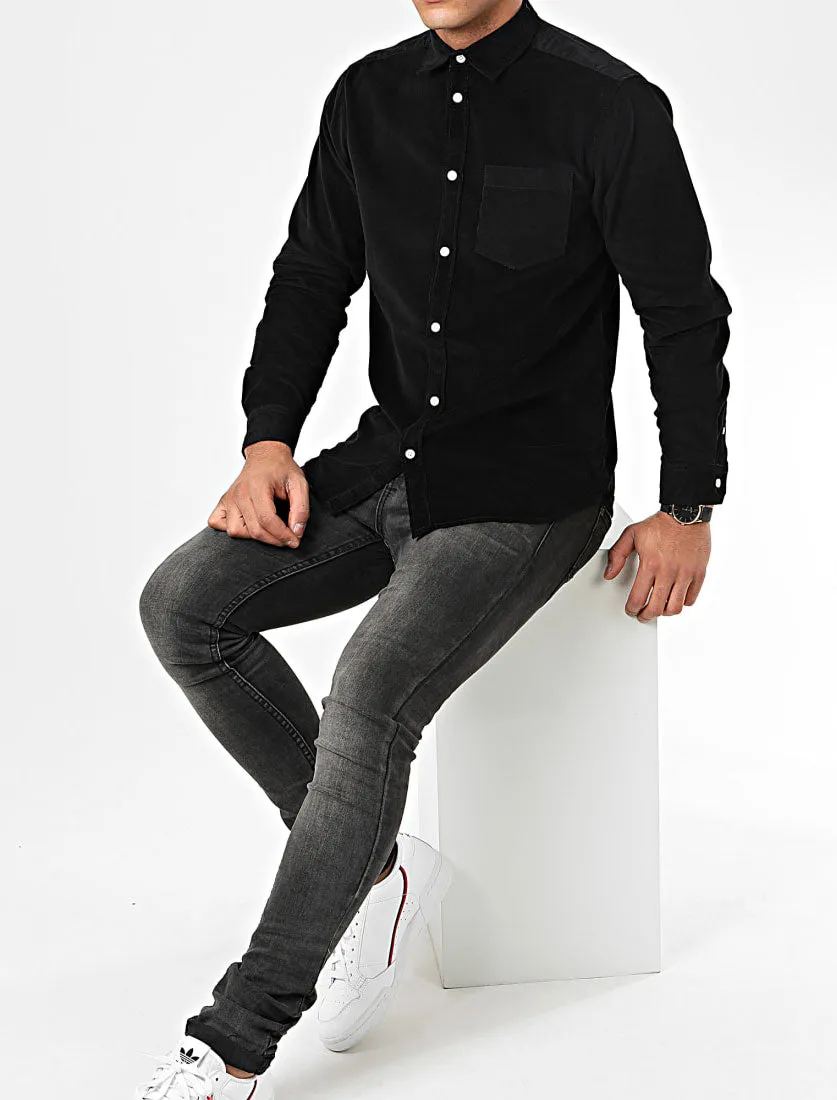 Erskine Corduroy Cotton Long Sleeve Shirt In Jet Black - Tokyo Laundry