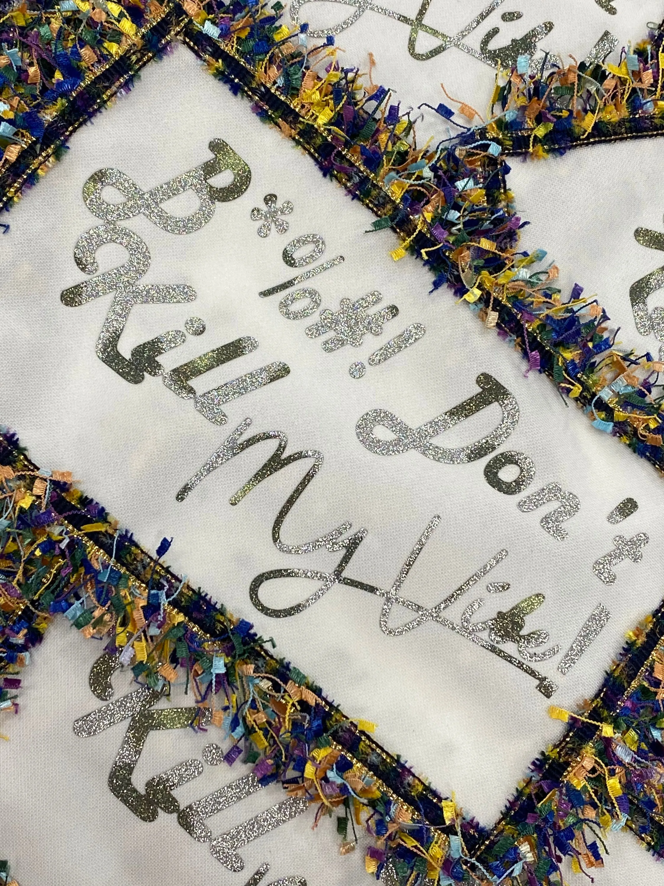 Exclusive, "B*%#! Don't Kill My Vibe," Size 9" x 5", (sew-on) Denim Confetti Fringe Fashion Applique, Patch for Denim Jacket, Camo, Sweaters