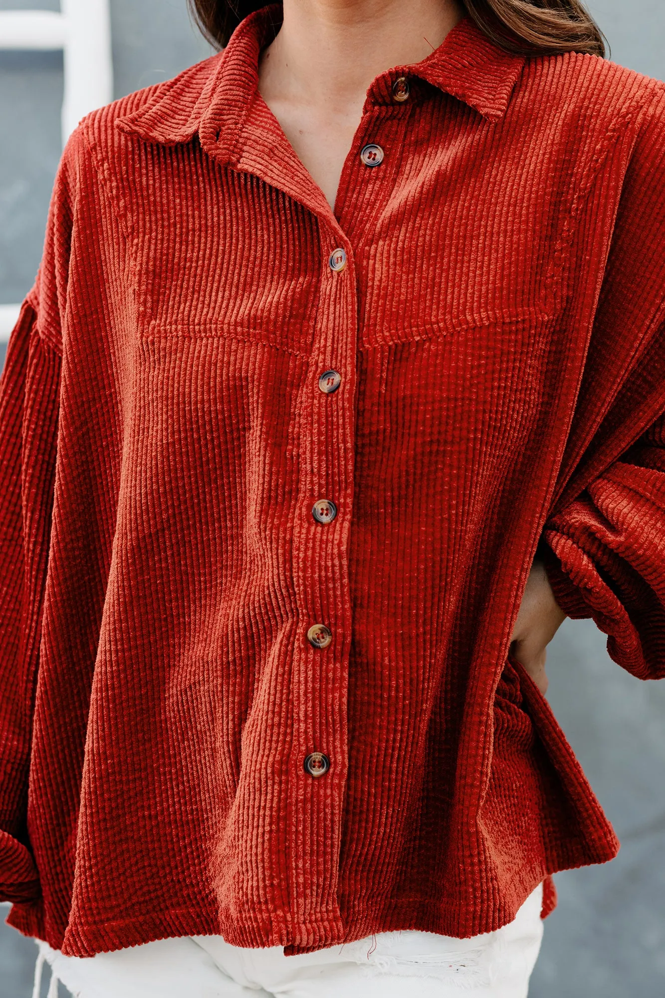 Ezra Corduroy Bubble Sleeve Button-Down Top(Rust)