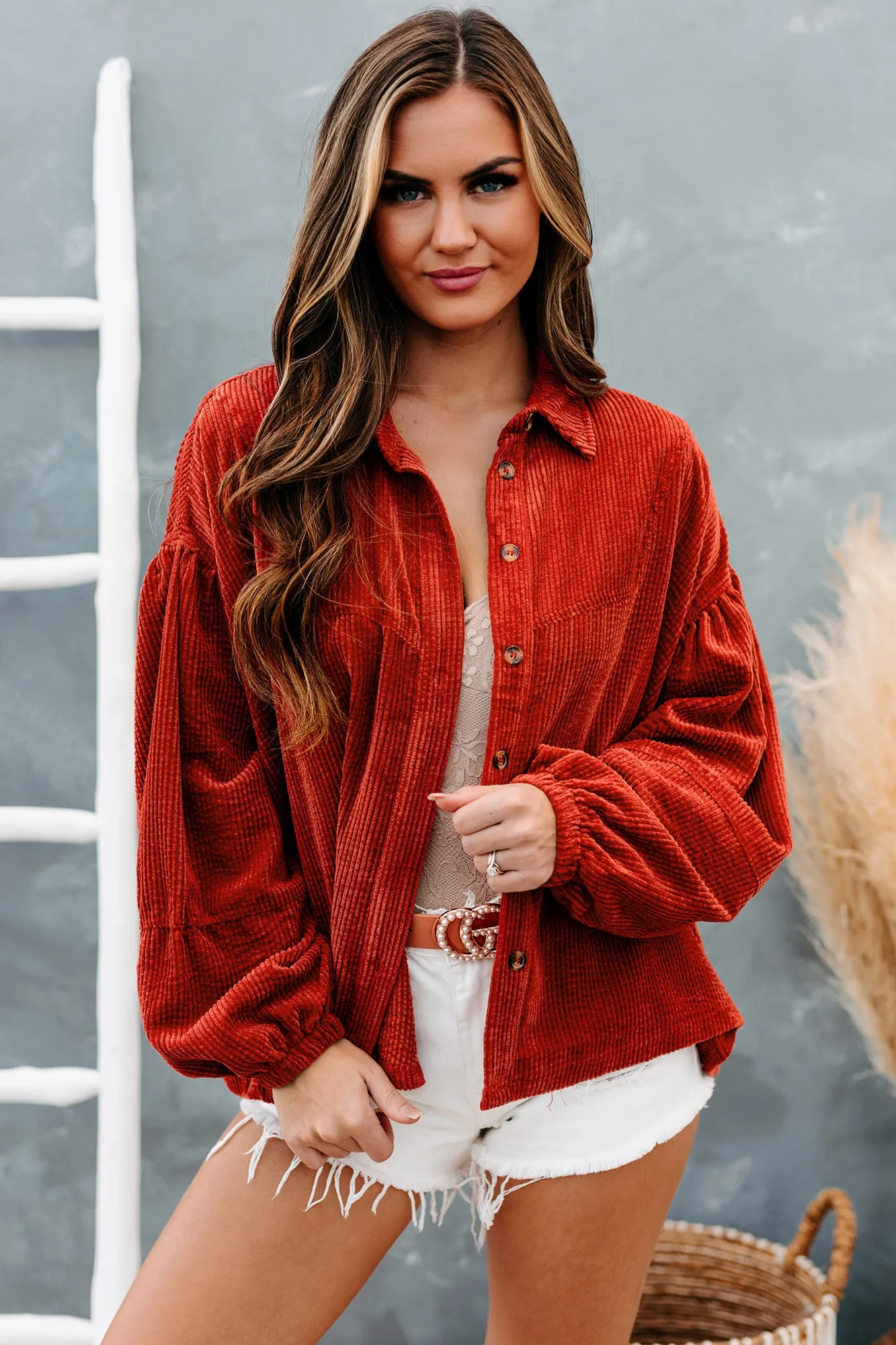 Ezra Corduroy Bubble Sleeve Button-Down Top(Rust)