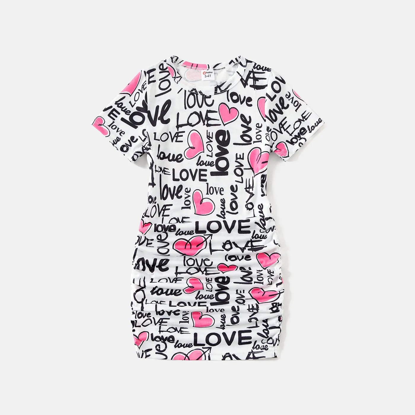 Family Matching Allover Heart & Letter Print Drawstring Ruched Bodycon Dresses and Short-sleeve T-shirts Sets